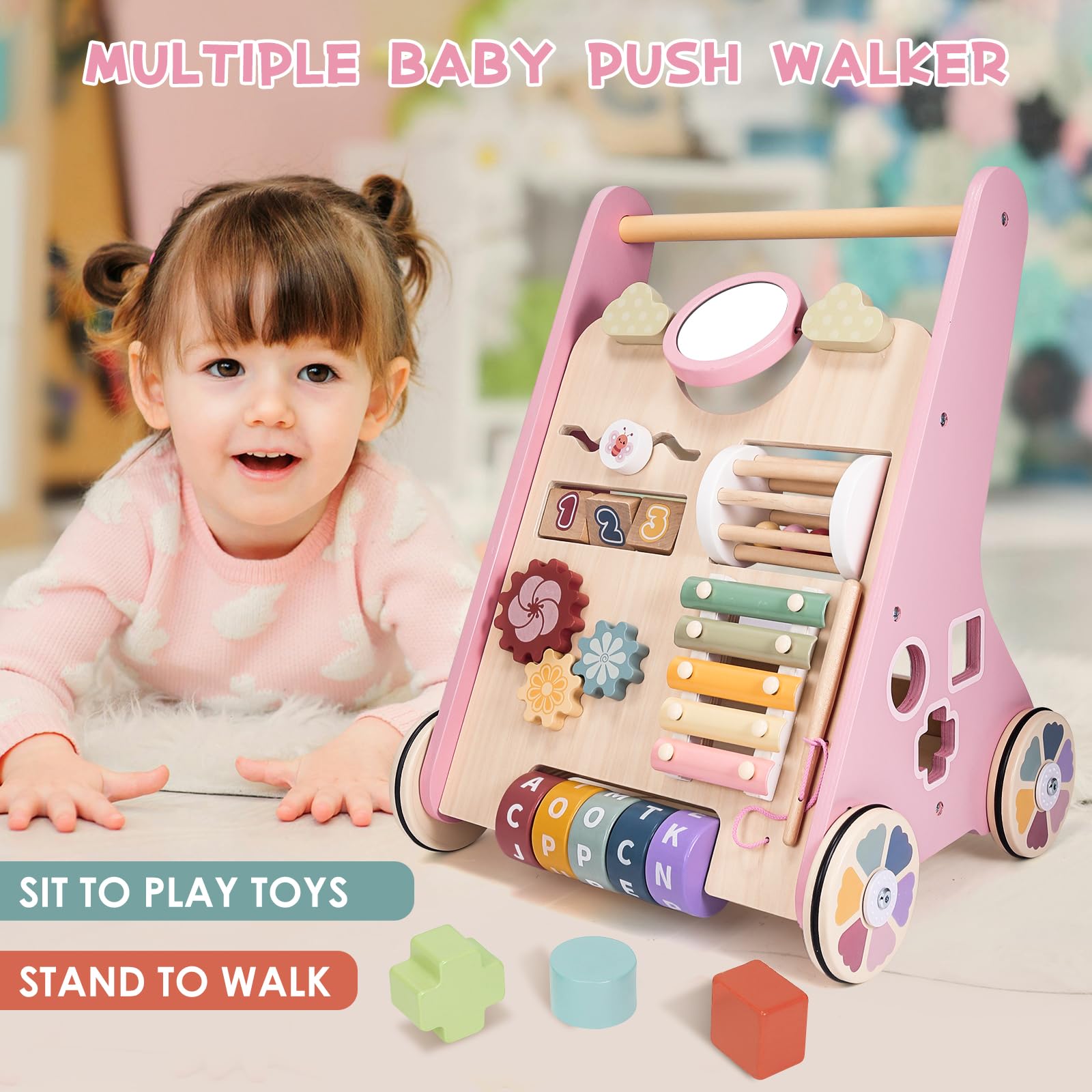 Wooden Baby Walker, Baby Push Walker, Montessori Toddler Walker Toy, Push and Pull Learning Activity Walkers, Baby Walker with Wheels for Boys&Girls 1 Year Old, Baby Walker Push Toy Gifts for Toddler