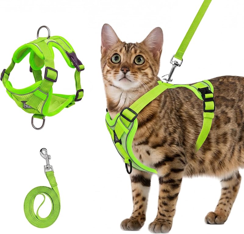 Peitoral para Gatos com Guia de Nylon, Malha Macia Ajustável e Refletiva Shudyear, Verde-claro, XL