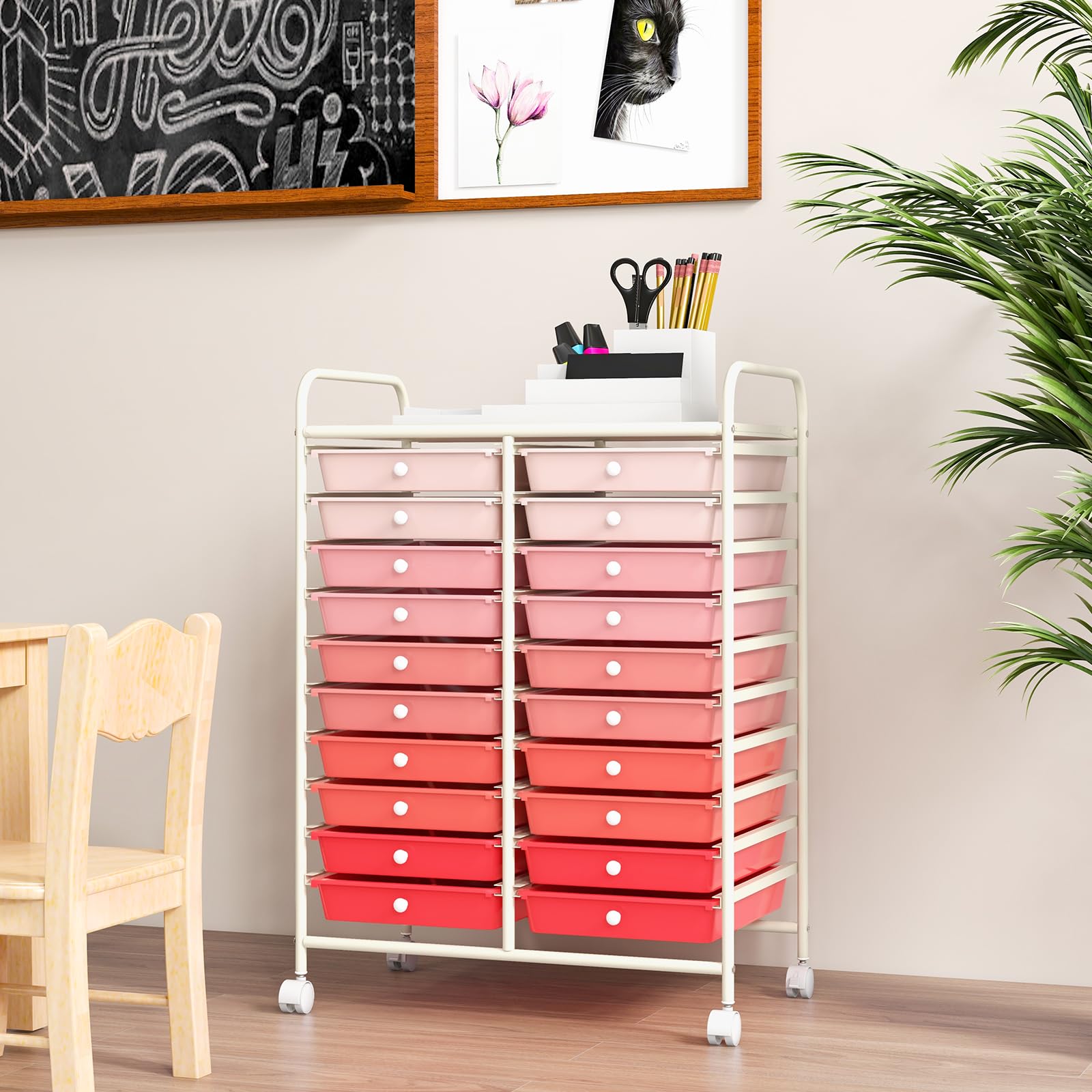 COSTWAY Chariot de Rangement à Roulette 20 Tiroirs en PP, Tour de Rangement avec Tablette, Cadre en Métal, Desserte Meuble Tiroir pour Cuisine École (XL | 20 tiroirs,Rose+Blanc)