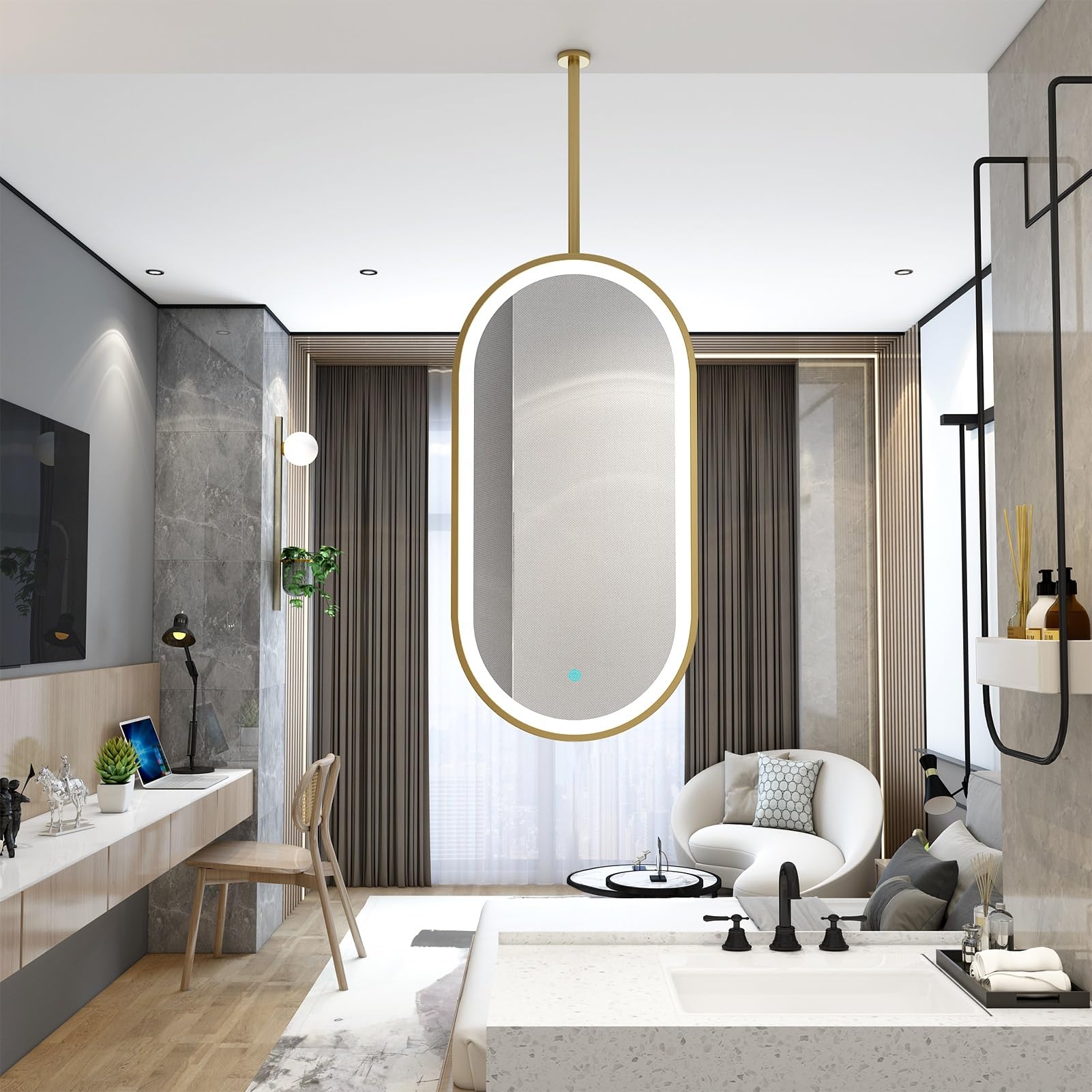 FGXHHS Oval Lighted Mirror, Ceiling Mounted HD Glass Mirror Suspended Led Bathroom Vanity Makeup with Gold Metal Frame - Boom Can be Customizable(50cmx60cm)