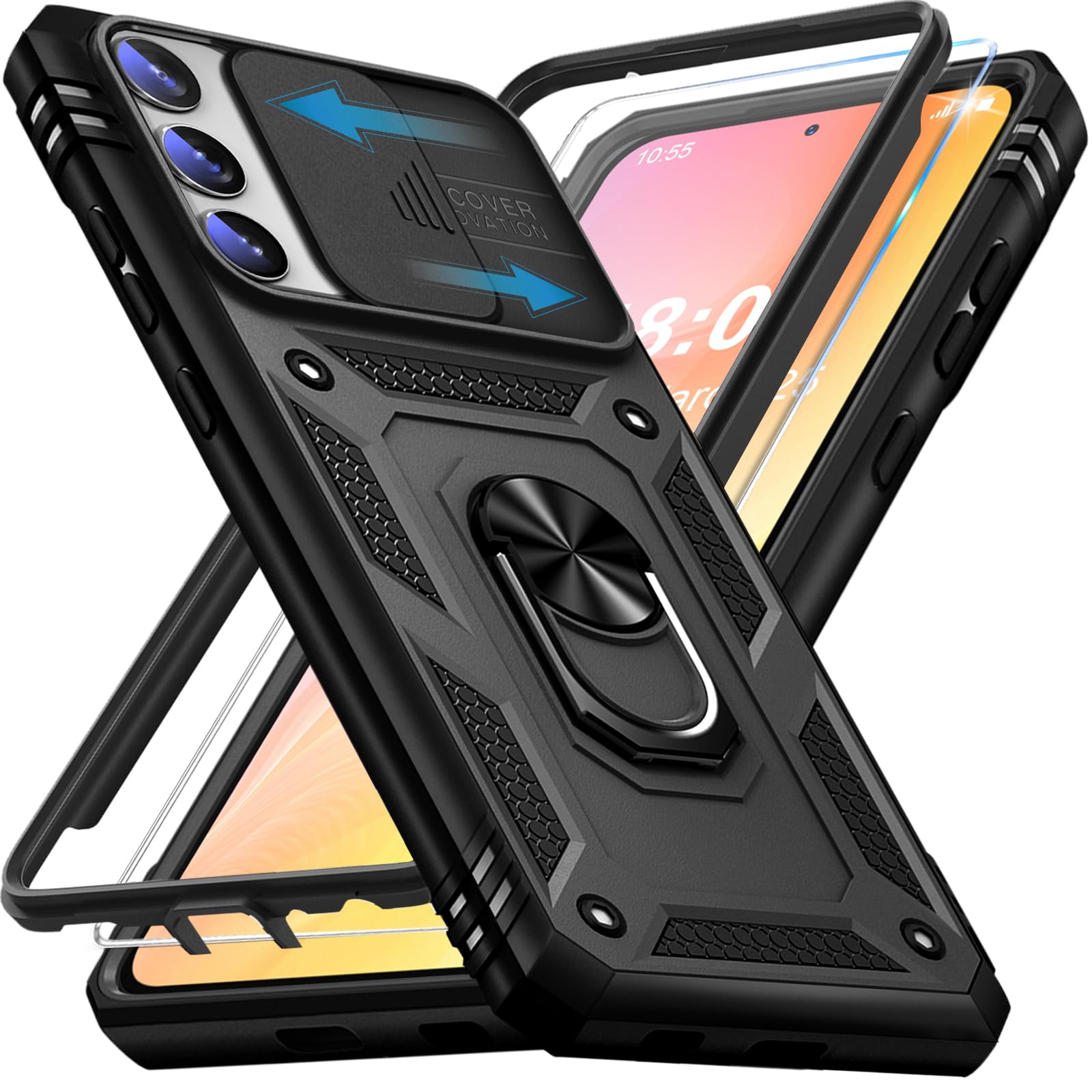 Handyhülle für Samsung Galaxy S23 Plus 5G Hülle mit Schutzfolie, Galaxy S23 Plus 5G Schutzhülle mit Kameraschutz 360° Drehbarer Metall Ring Ständer Stoßfest Bumper S23 Plus 6.6