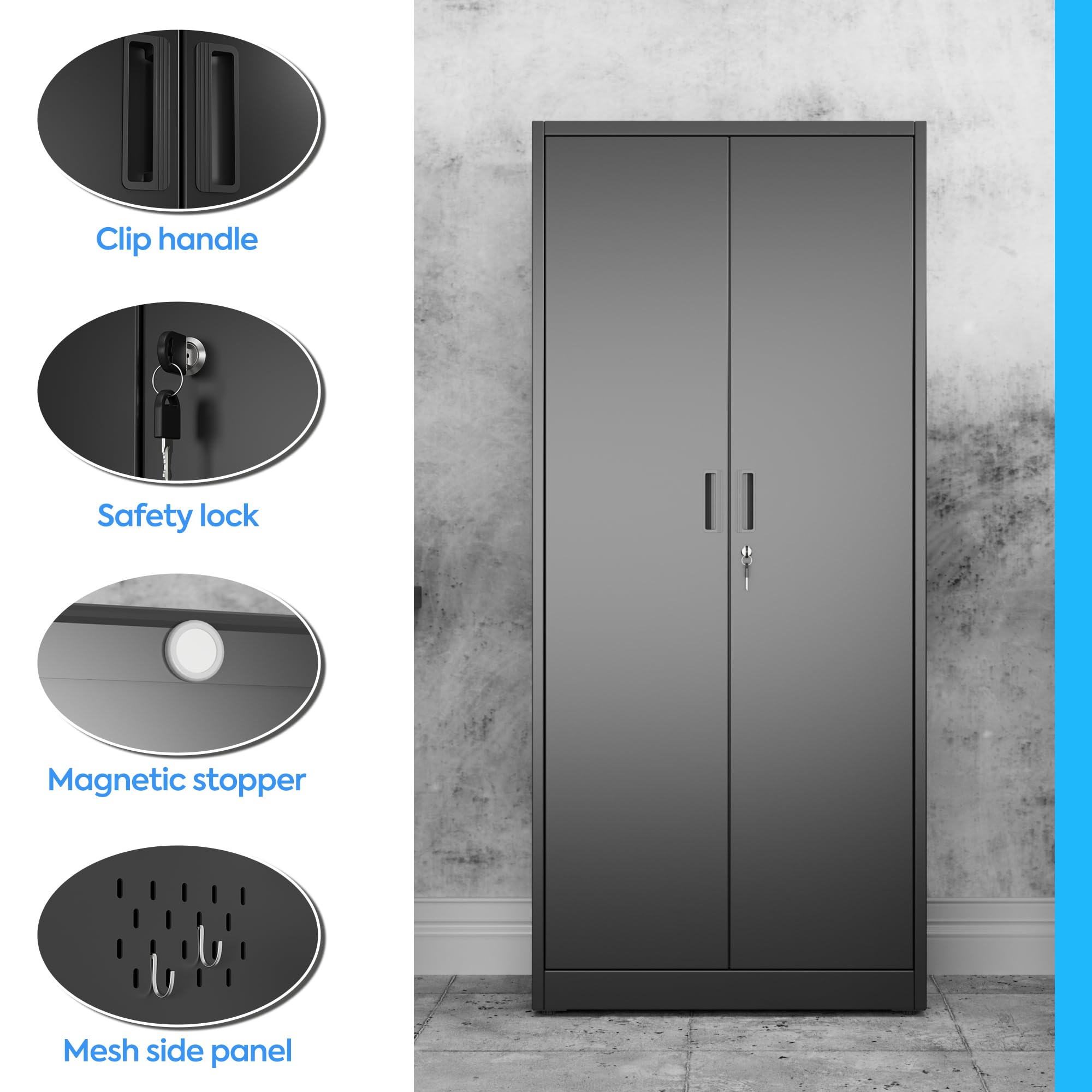 Besenschrank mit Belüftung & Magnetverschluss, Multifunktionalschrank, Stabiler Stahlschrank für Staubsauger, Reinigungsmittel, Kleidung und Haushaltsgegenstände｜70x30x150 cm｜Schwarz