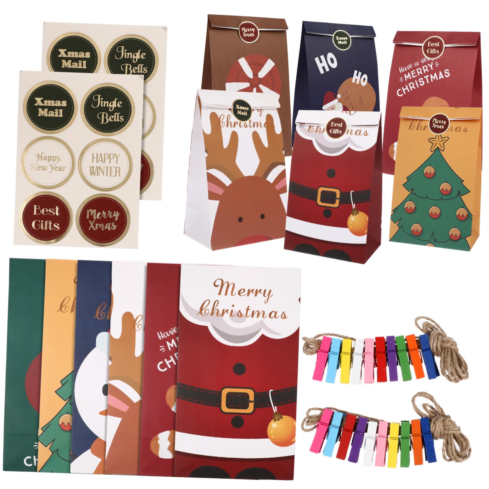 SEWOART 12pezzi Sacchetti Di Natale Con Clip Colorate e Adesivi Confezione Per Snack e Regali Borse Di Carta Festive Per Decorazioni e Feste Di Natale