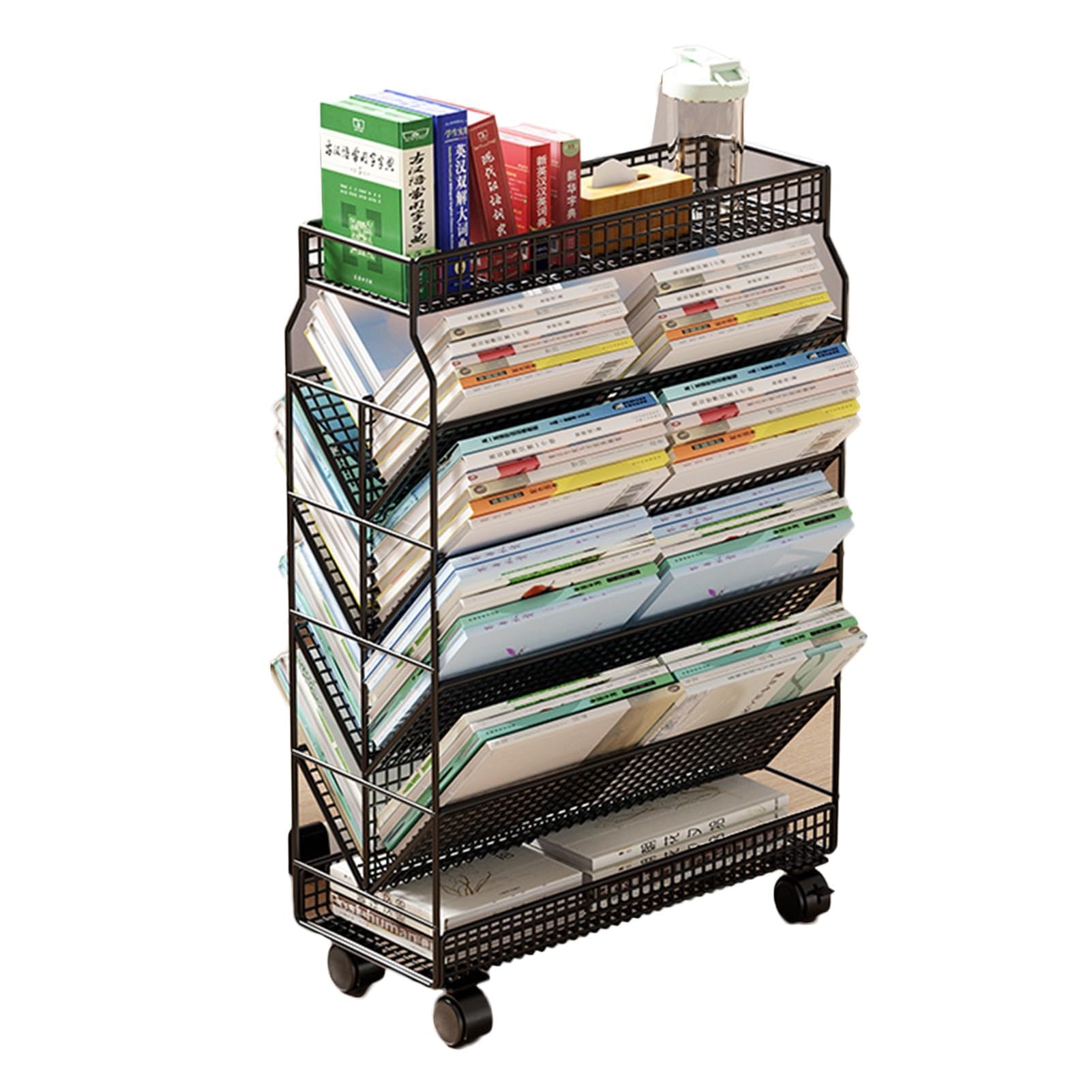 Carro para Archivos con Ruedas de 6 Niveles, estantería móvil, Carro utilitario con Ruedas de Metal, Resistente para Oficina, Dormitorio, Aula, Biblioteca, Sala de Estar, Negro