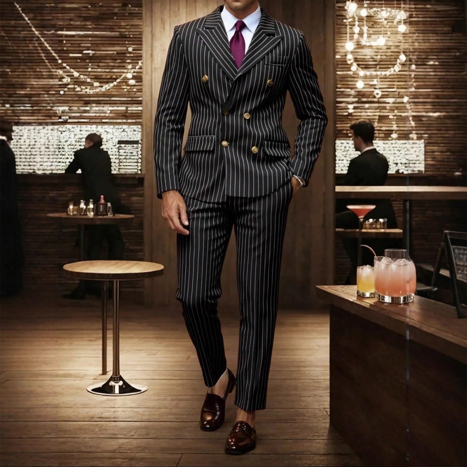Generisch Ensemble 2 pièces à rayures pour homme - Veste et pantalon décontractés à double boutonnage - Pour mariage - Pour le marié - Combinaison à rayures - Affaires - Smoking - Boutons - Baggy