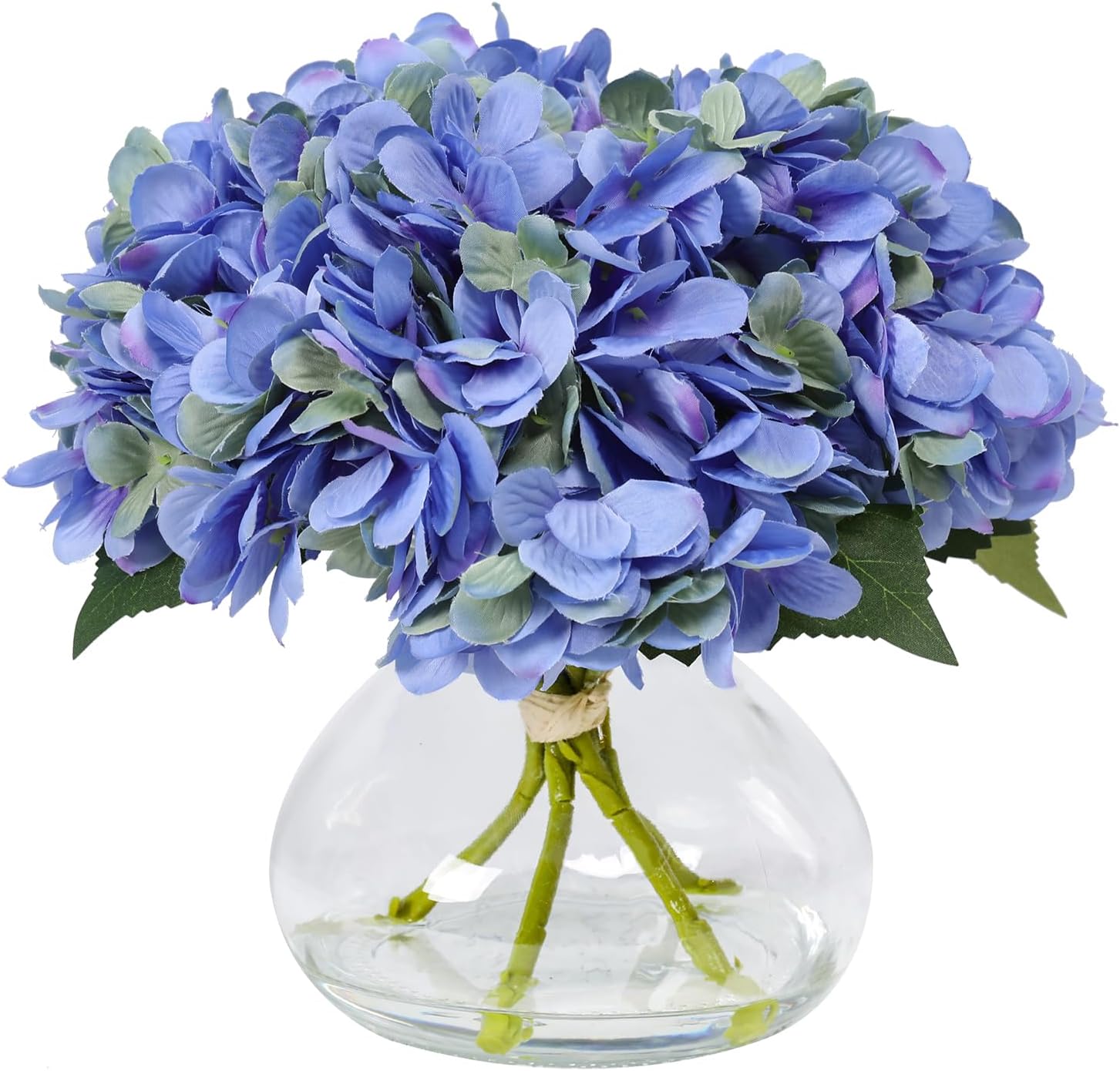 Bdor Blue Hydrangea Artificial Flower Arrangement in Clear Glass Vase, Faux Hydrangea Bouquet with Realistic Water – Table Centerpiece for Home, Living Room, Bedroom, Office Decor