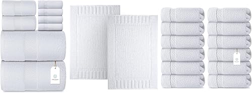 White Classic Juego de toallas blancas de 8 piezas [2 toallas de baño, 2 toallas de mano, 4 toallas faciales], 2 tapetes de baño de 22 x 34 y 12