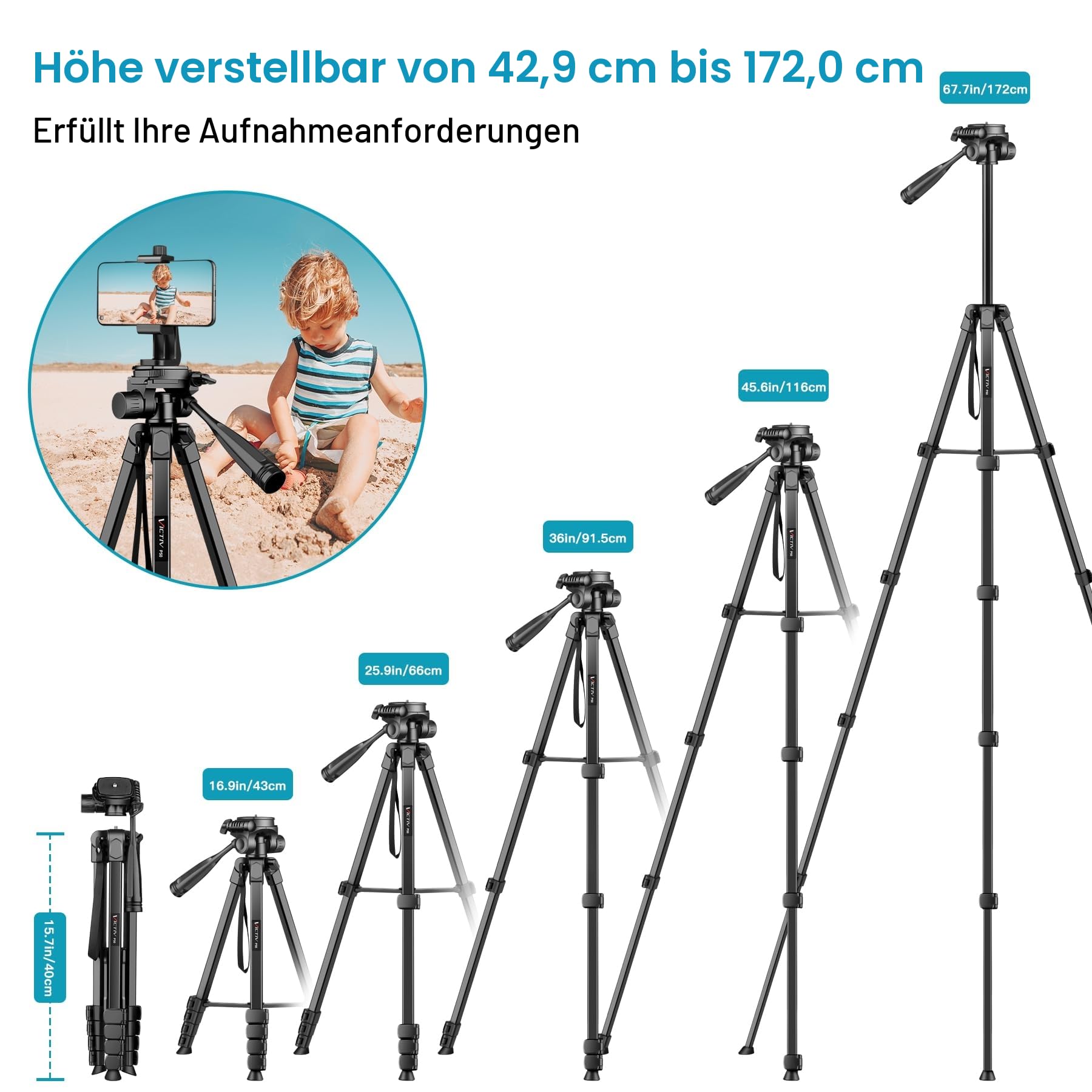 Victiv Neues Kamera Handy Stativ, 172cm Tragbares Camera Tripod, Aluminium Dreibein Stativ mit Abnehmbar 3-Wege-Kopf for für DSLR Canon Nikon Sony Action Kamera, Fotostativ für iPhone Smartphone