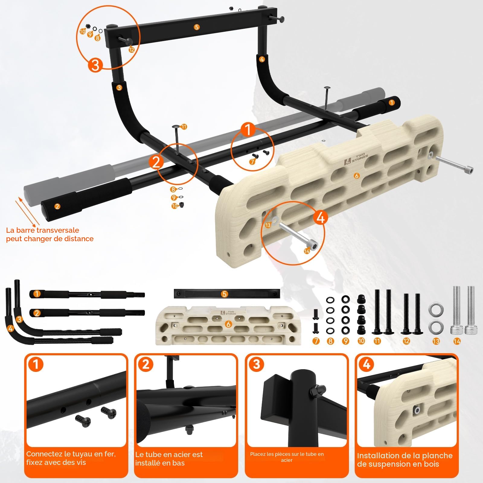 TWO STONES Hangboard d'escalade avec barre de traction pour porte ; y compris les cruches, pinces, poches, bords et pentes pour l'entraînement d'escalade