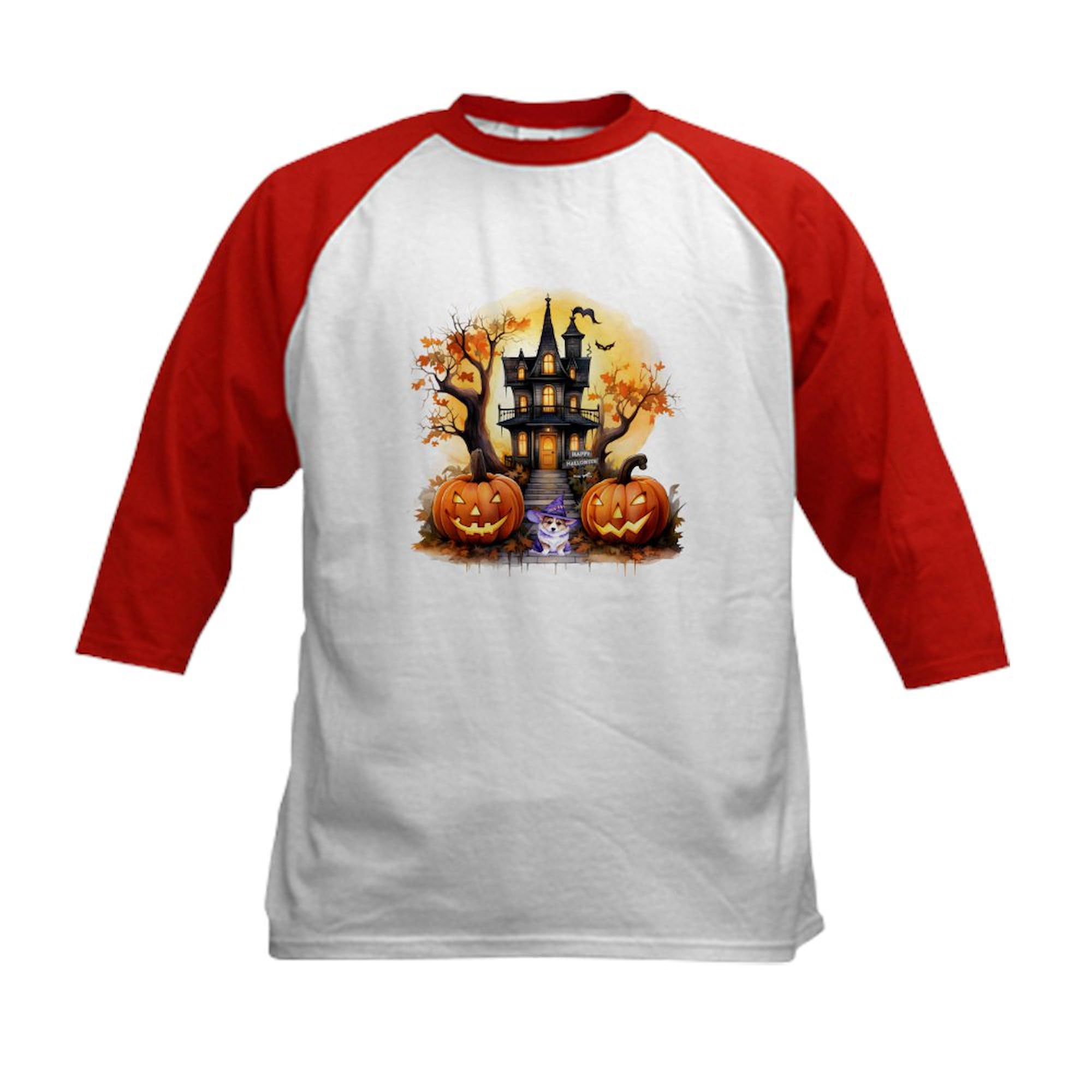 CafePress Haunted House Corgi Witch Baseball Jersey Kids Cotton Baseball Jersey, 3/4 Raglan Sleeve Shirt Red/White