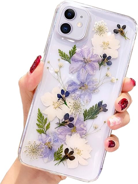AMART Etui na telefon komórkowy iPhone 11, kwiaty, przezroczyste, suszone kwiaty, przezroczyste, fioletowe kwiaty, miękki silikon TPU, dla kobiet i dziewcząt, etui ochronne do iPhone 11 (6,1" tylko )