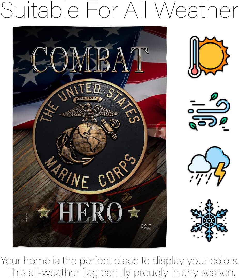 Marine Combat Hero House Flag - Armed Forces Corps USMC Semper Fi United State American Military Veteran Retire Official - Decoration Banner Small Garden Yard Gift Double-Sided Made in USA 28 X 40