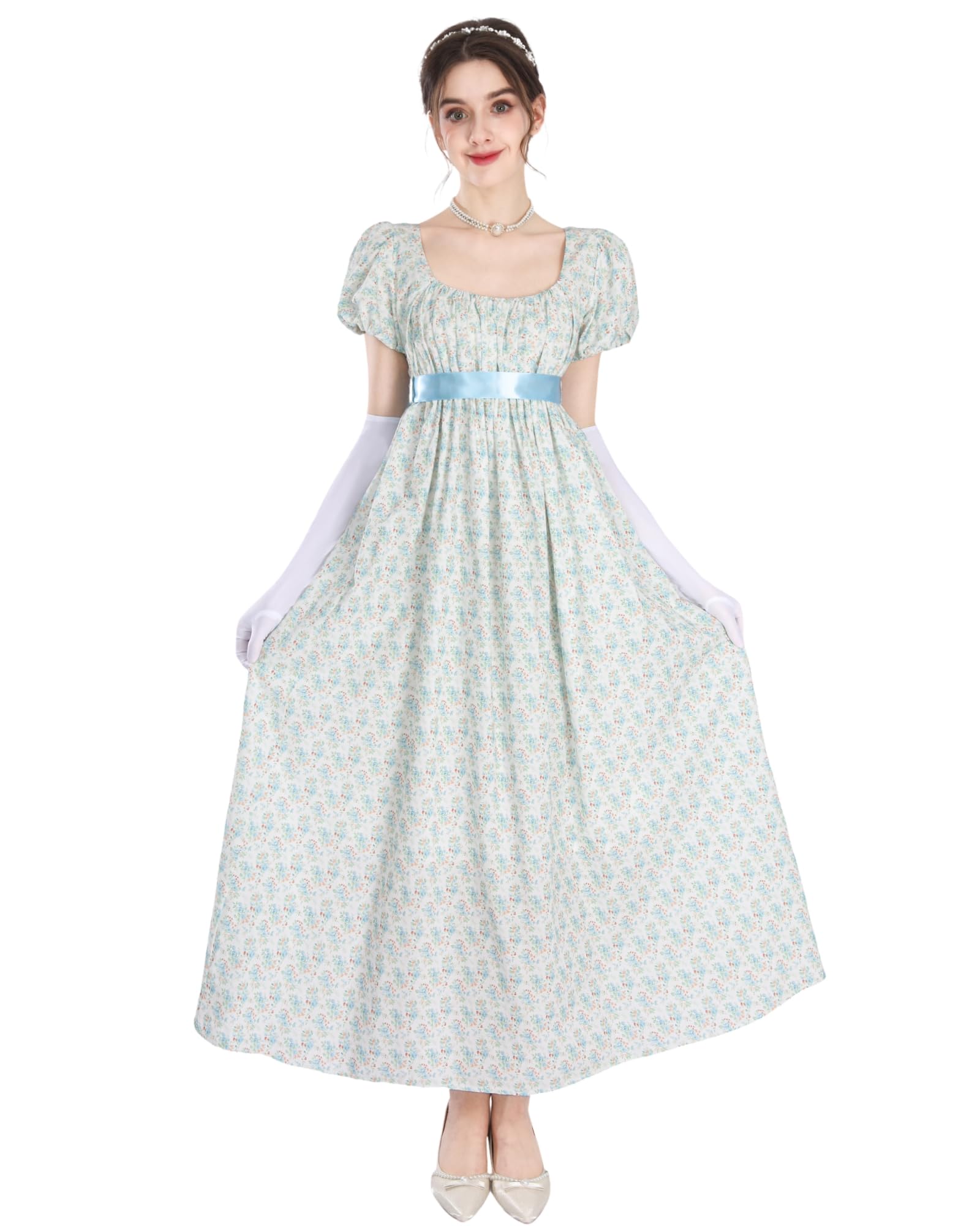 NSPSTT Regency Dress for Women - Floral Empire Waist Long Tea Party Dress with Gloves, Blue Floral, M, Blue 1023 - Image 3