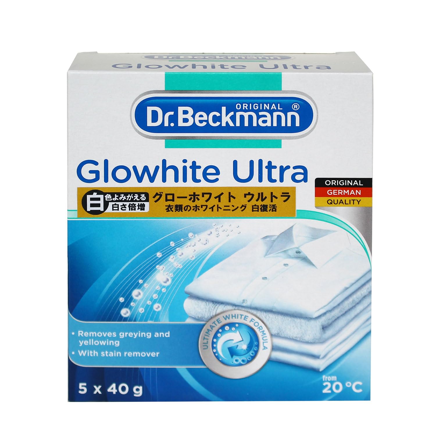 Dr Beckmann Glowhite Ultra Fabric Whitener with Stain Remover | Removes Grey Discoloration | Combats Yellowing | Getting White Laundry Whiter | 5x40g | Made in Germany