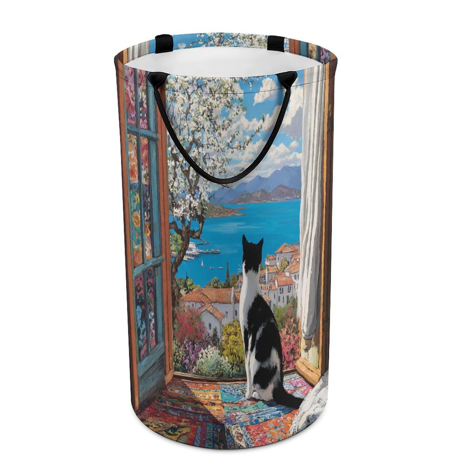 LUYYSKY Classic Colorful Cute Kitten Versatile Storage Laundry Basket, Retro Oil Painting Nautical Seaside White Floral Animal Cat Large Capacity Bathroom Hamper With Handle