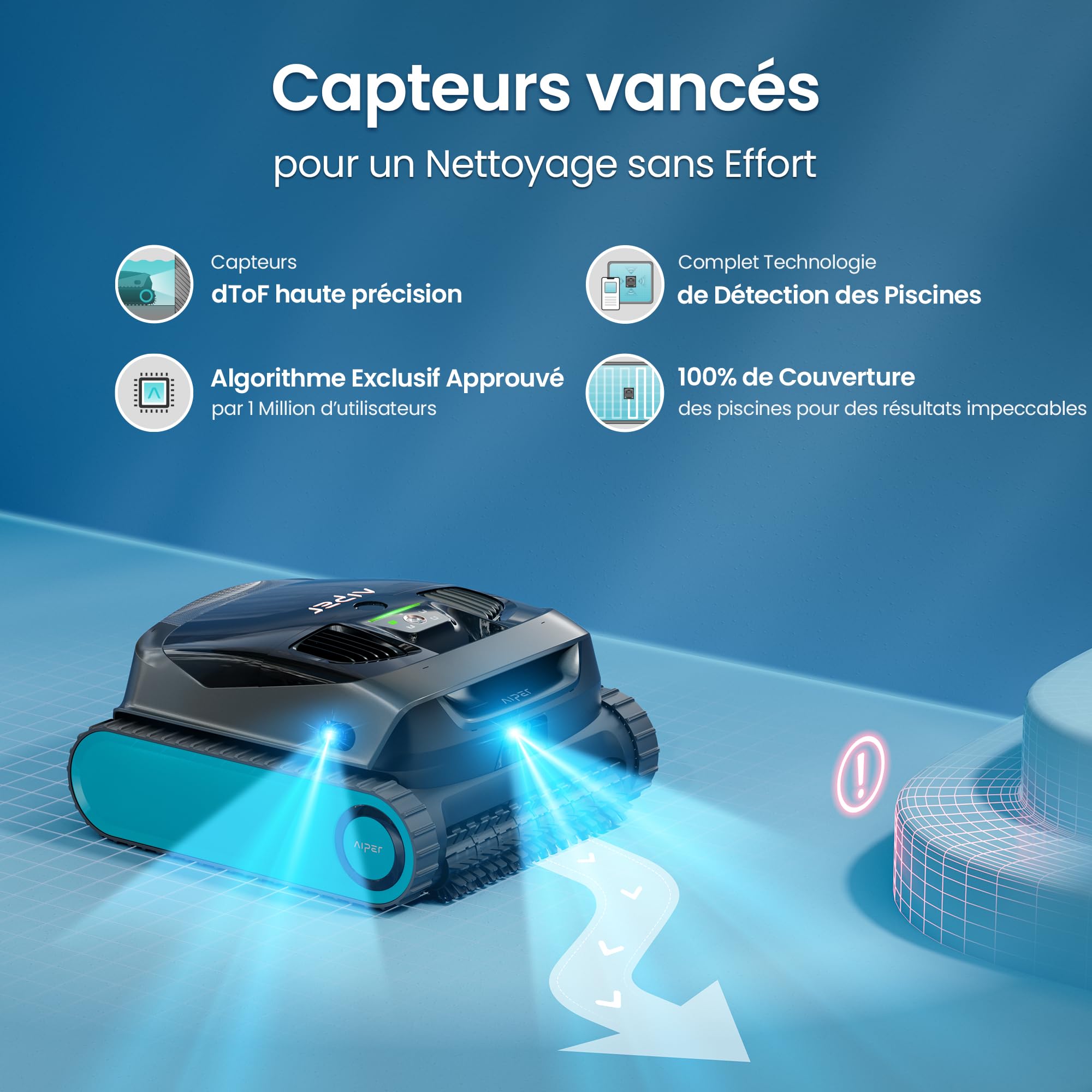 AIPER Scuba X1 Robot Piscine avec App, Aspirateur Piscine avec WavePath 3.0 et Navigation Intelligente, système de Filtration Ultra-Fine, Nettoyage Ligne d’Eau, Idéal pour Les Piscines enterrées, Bleu