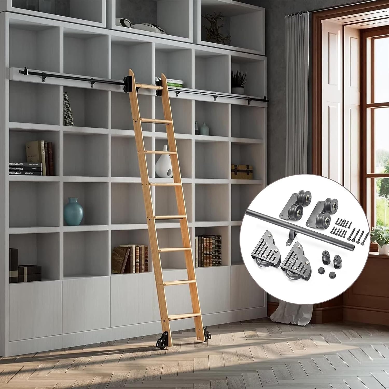 Rail de suspension pour échelle mobile et bibliothèque dans un salon style loft moderne