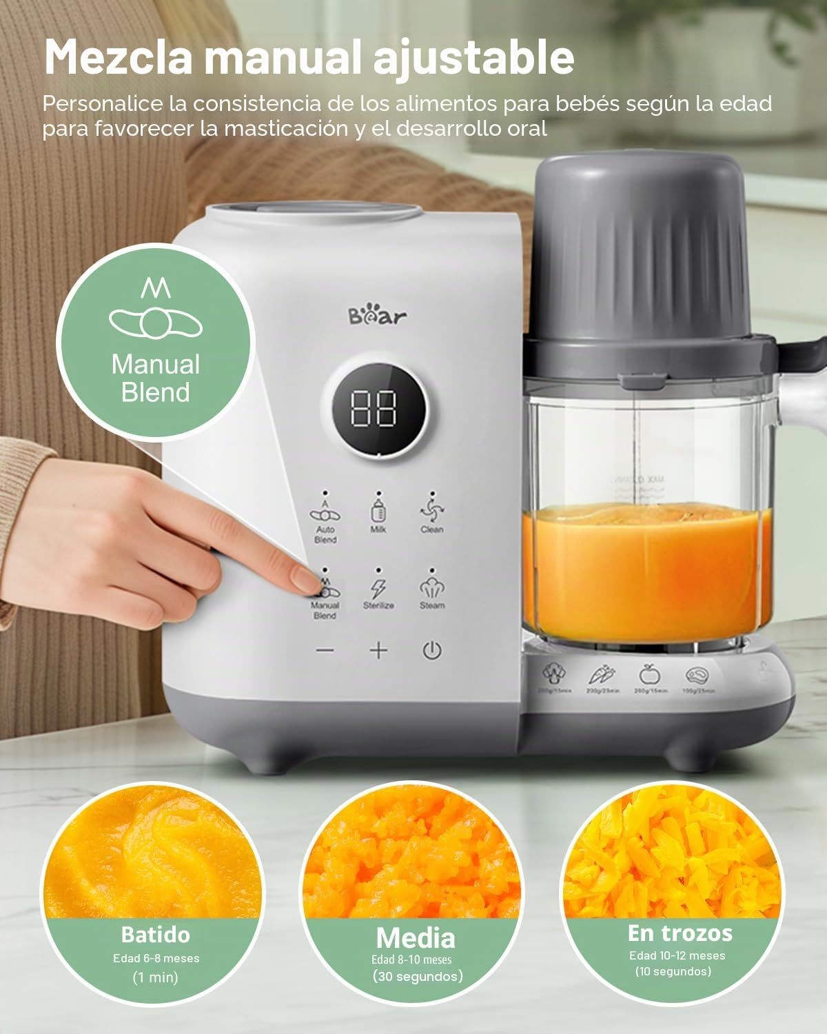 Bear Vaporera 6 en 1 con batidora premium para alimentos para bebés, vapor, agitación automática, calentamiento de leche, desinfección, función de autolimpieza, función de limpieza automática (Blanco)