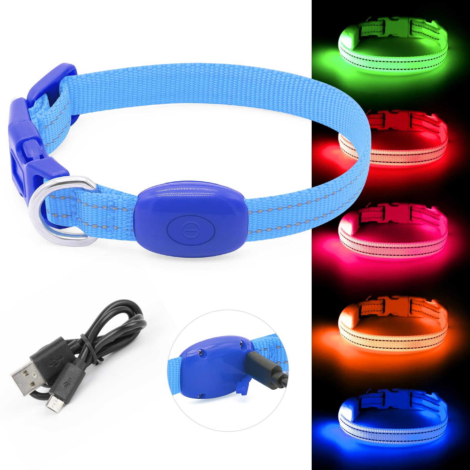 BSEEN Collar iluminado para cachorros, collar de perro LED recargable, collares brillantes para gatos, collar de perro iluminado reflectante para perros y gatos pequeños (azul, XS)