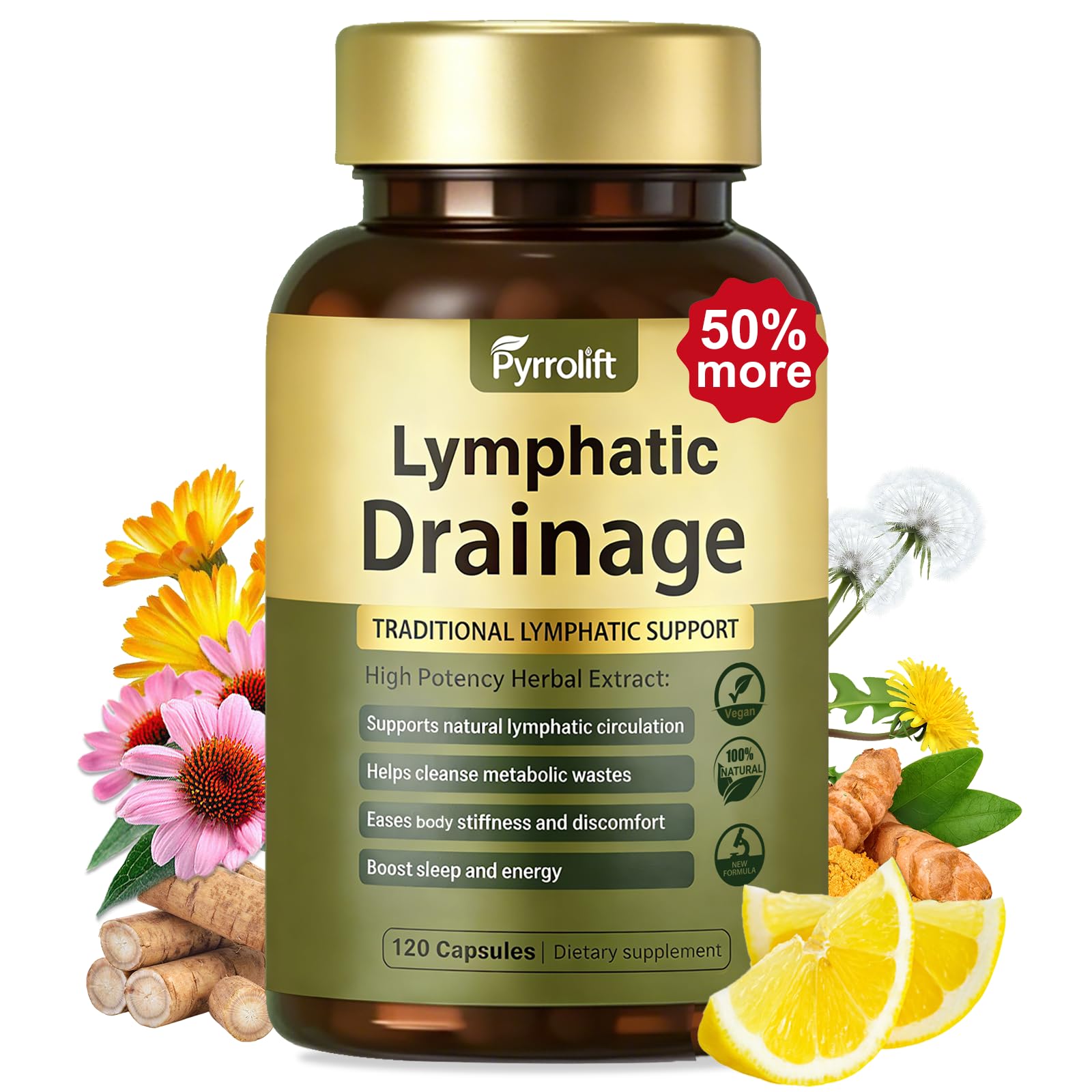 Lymphatic Drainage Capsules, 120 Counts Natural Herbal Formula for Immune Health & Fluid Balance | with Dandelion, Cleavers, Burdock, Lemon Peel, Horsetail Extract, 60 Days