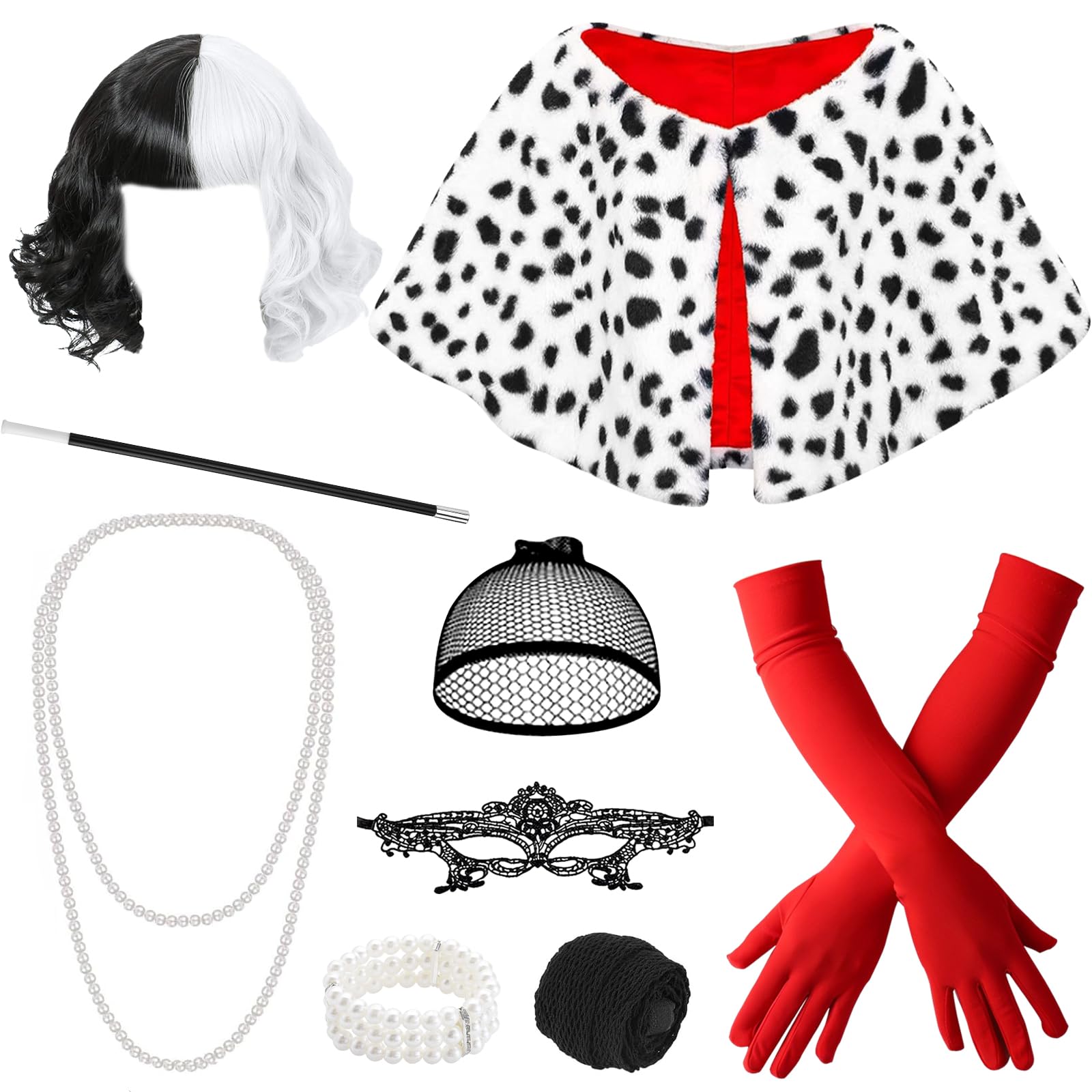 9 sztuk Cruella Zestaw cosplay dla kobiet, czarna i biała peruka, diabelski strój z peruką, maską, perłami, bransoletkami, rękawiczkami, szalikiem, papierosem i siatkowymi rajstopami na karnawał