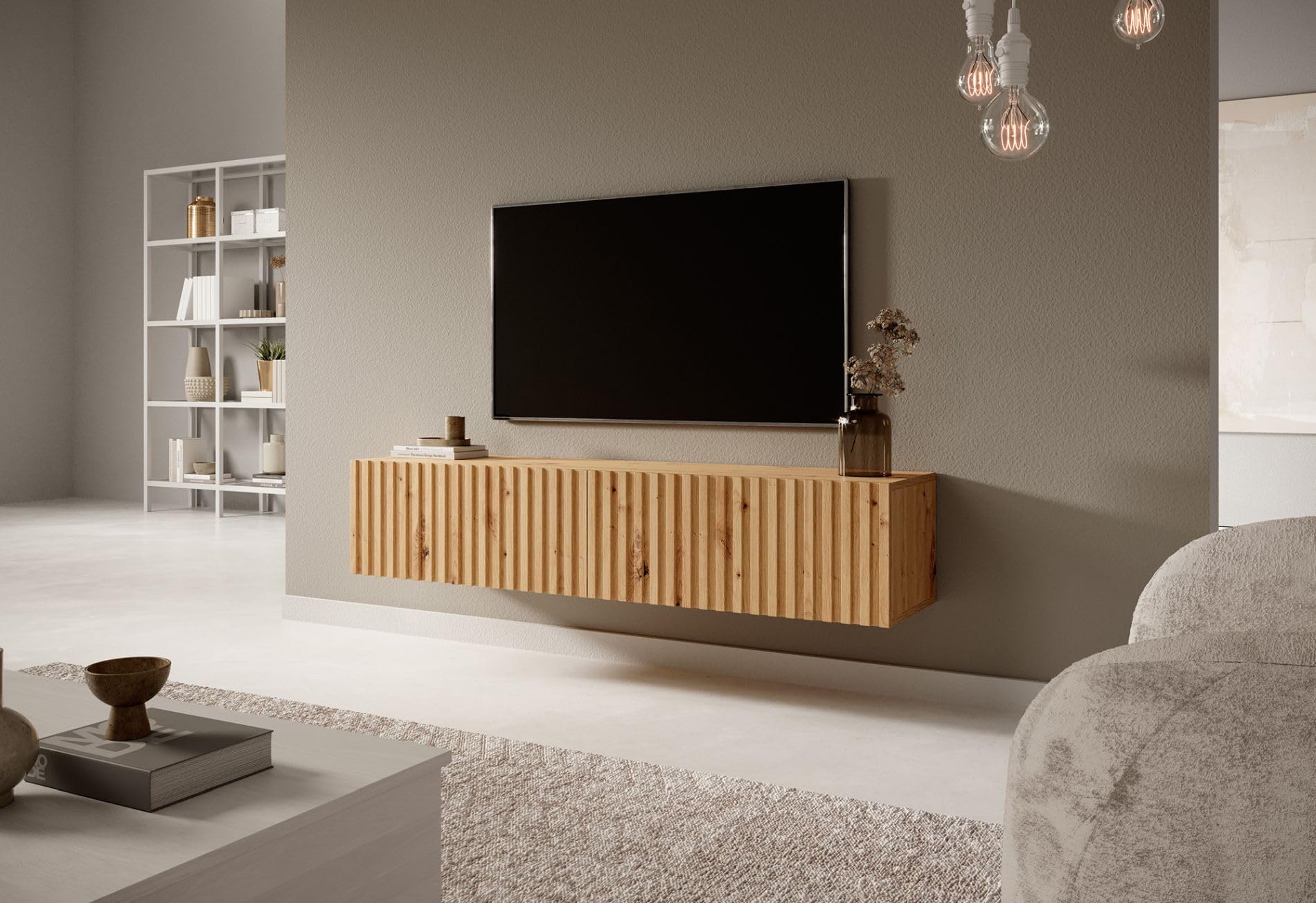 Selsey Telire - Mueble de TV Colgante - Roble Artesano con Frente de Lamas - 140 cm