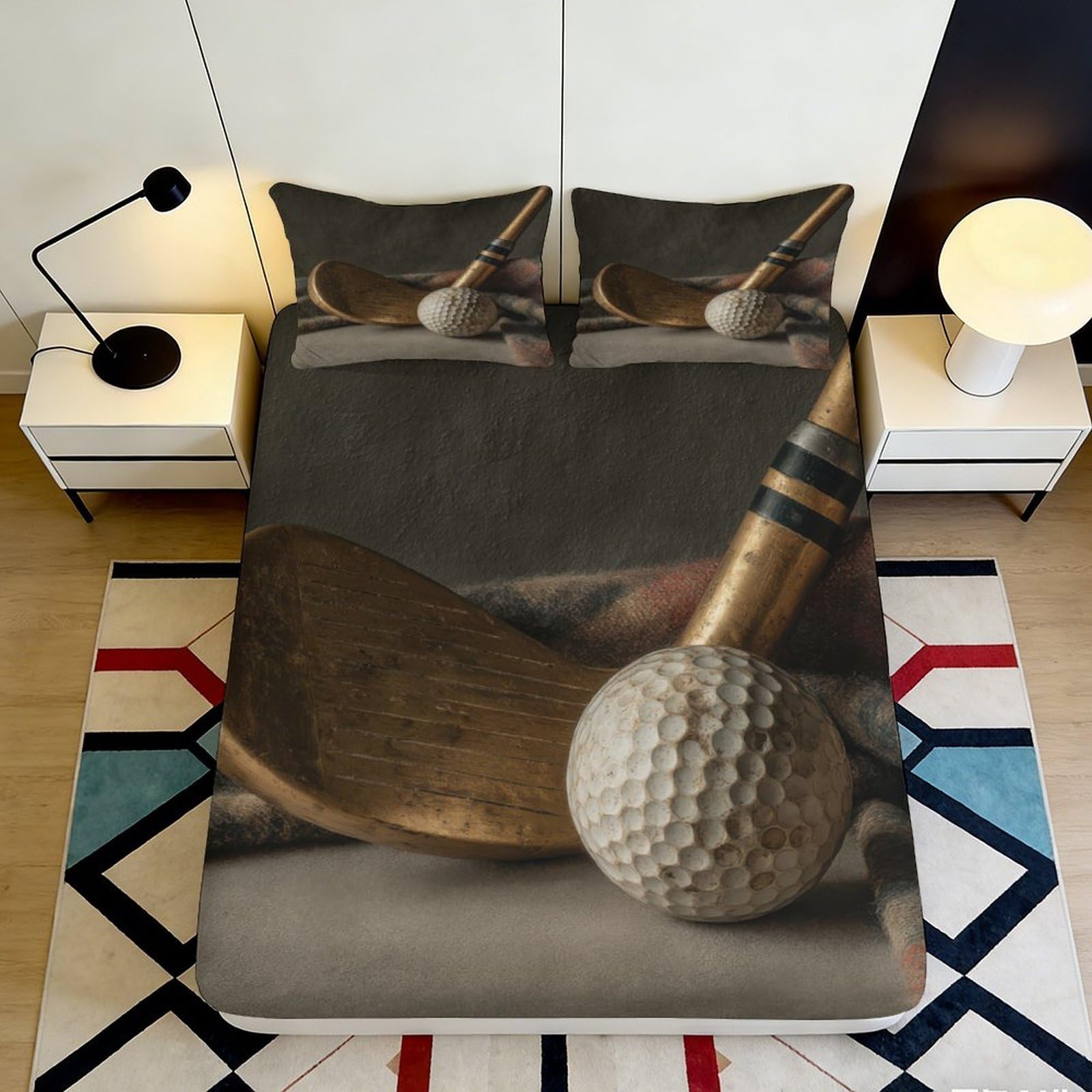 3D Printed Vintage Golf Club Fitted Sheet Microfiber Soft Durable Golf Ball Bed Cover for Bedroom Dormitory Guest Room Mattress Protection 160x200x25cm
