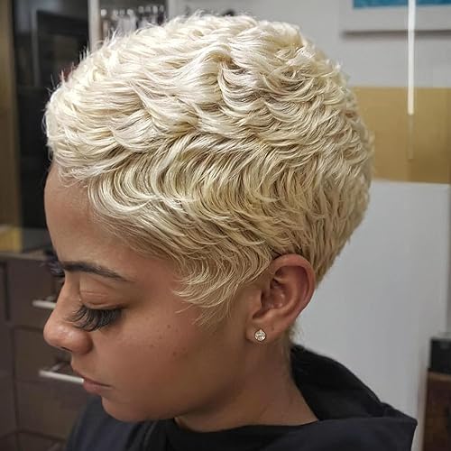 Pelucas cortas rubias de corte Pixie para mujeres negras, pelucas cortas con flequillo, pelucas cortas para mujeres negras, pelucas en capas (rubio)