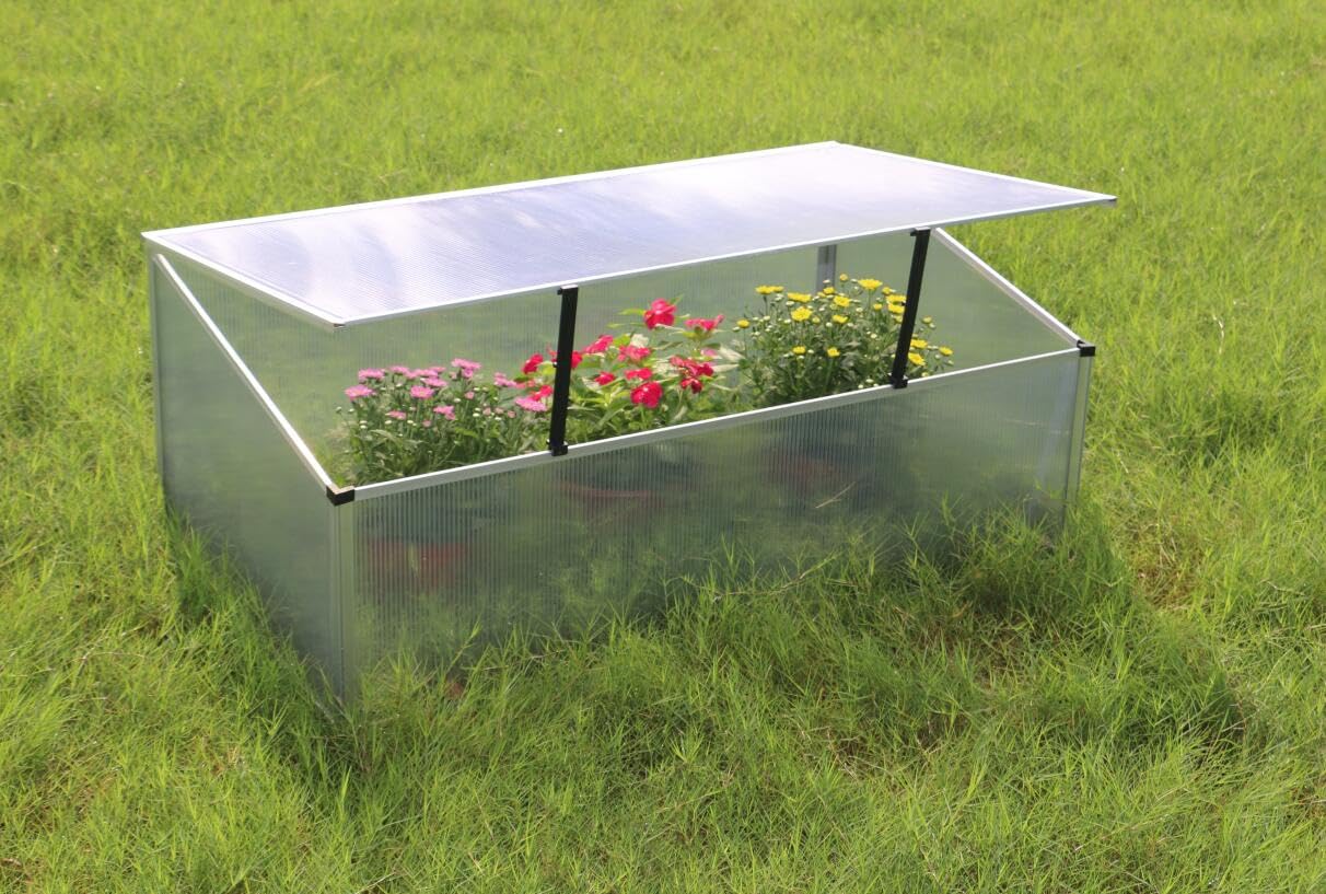 NATIV Frühbeet aus 1 mm dicken Aluminium, Hochbeet Abdeckung mit arretierbarem Dach, Frühbeetkasten mit Polycarbonatplatten, Frühbeetaufsatz für Hochbeet 100 x 60 cm, Mini Gewächshaus