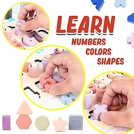 CozyBomB Montessori Educational Wooden Shape & Number Puzzle Blocks - Preschool Learning Toys for Boy & Girl (Macaron)