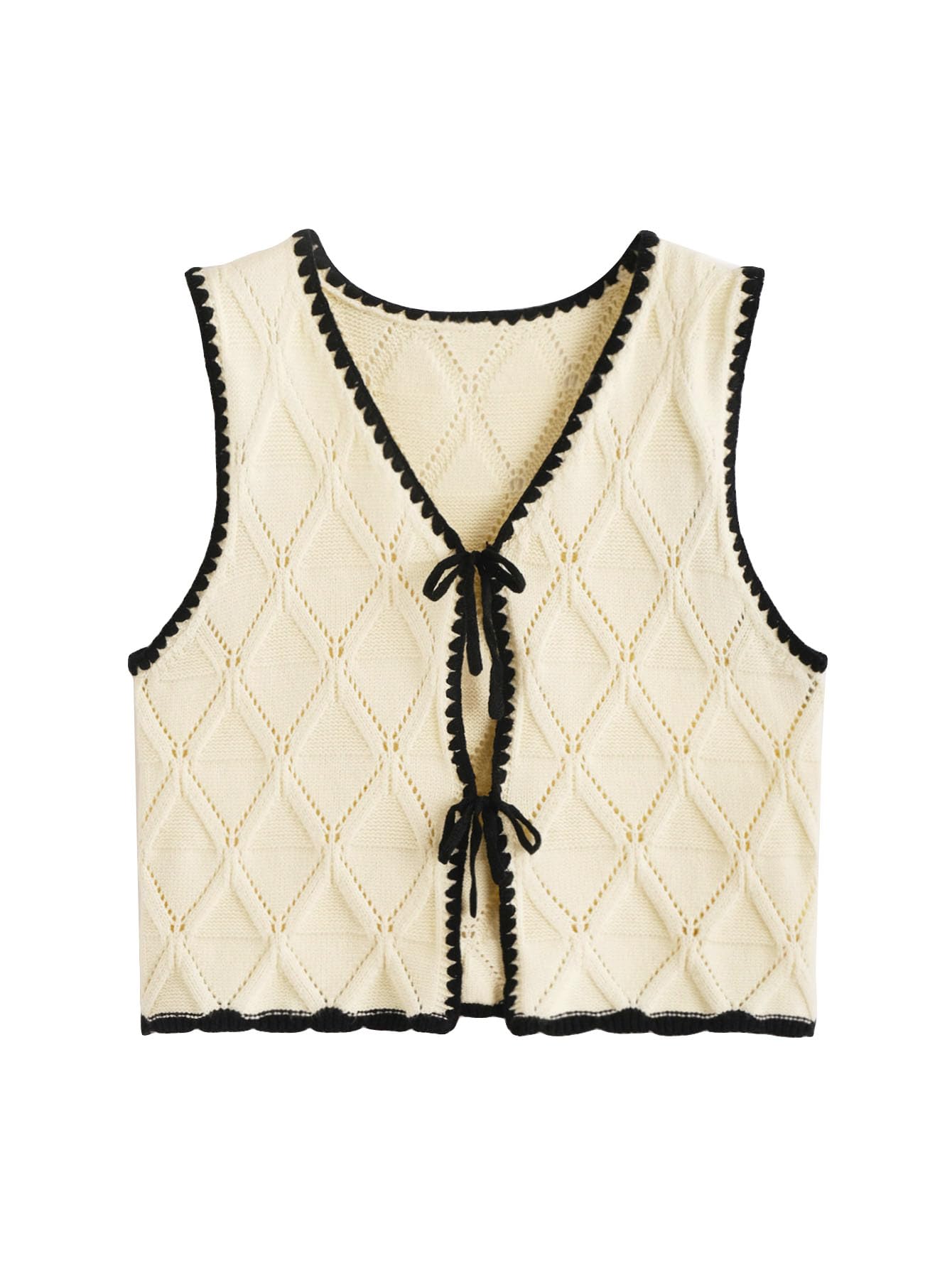 Verdusa Women's Old Money Bow Tie Crochet Sweater Vest Contrast Binding Knot Front V Neck Knit Top