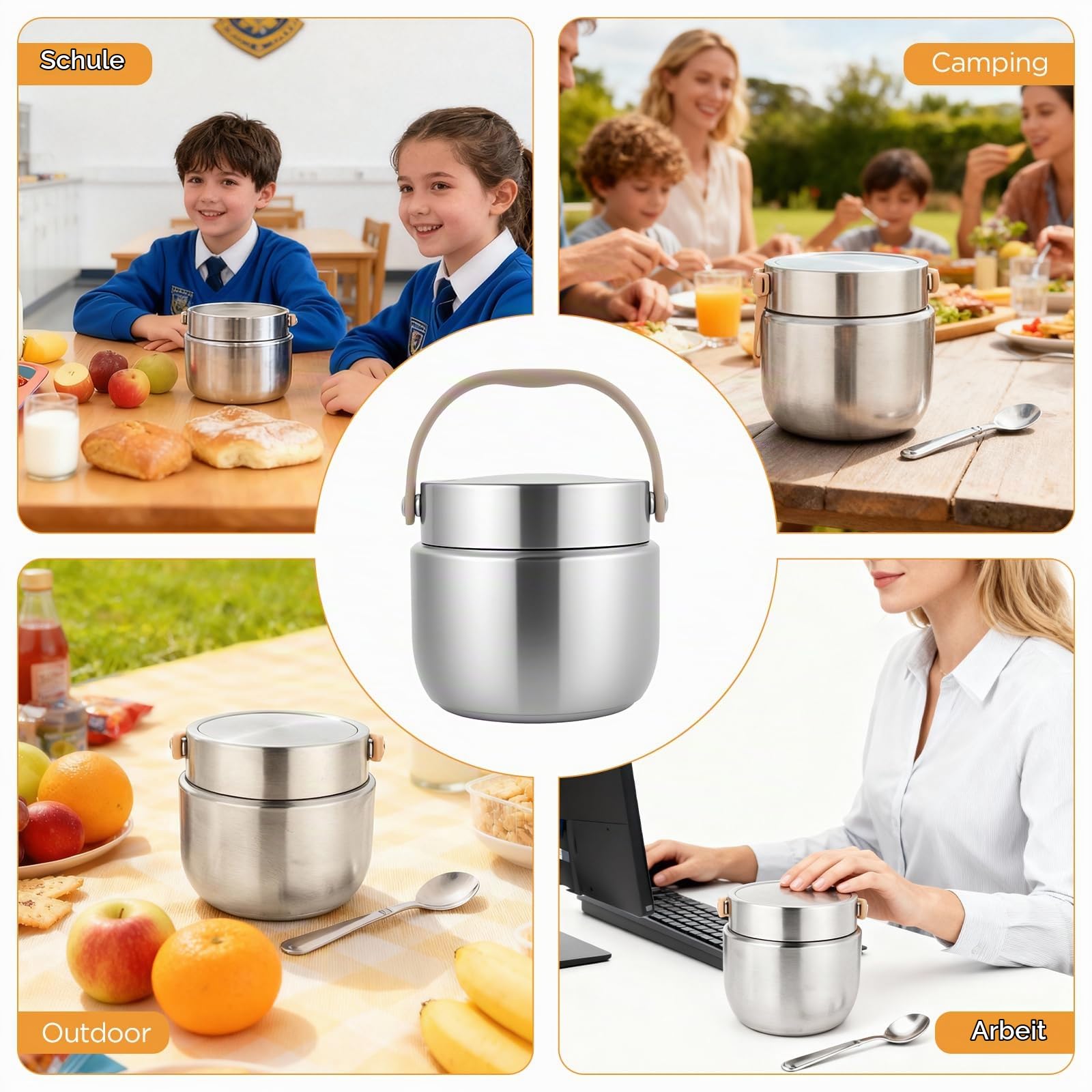 AiQInu Thermos-Lebensmittelbehälter für Erwachsene 1,2 l, Isolierter Edelstahl-Lunchbehälter mit Löffel und Griff, Weitmundig, Vakuumisoliert für Warme Speisen für Kinder und Erwachsene (Silber)