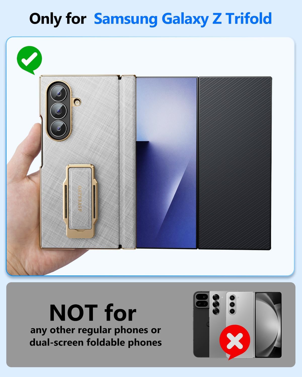 OATSBASF Grip for Samsung Galaxy Z Trifold Phone Case, with 360° Rotatable Kickstand & Magnetic Wristband, Drop-Proof Leather & Metal Cover, Silver