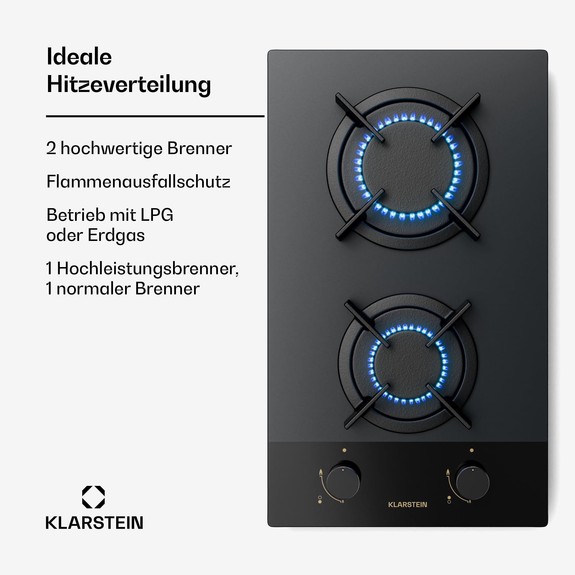 Klarstein Goldflame Nano Gaskochfeld, 2 Brenner, 30 cm, Messingbrenner und Gusseisenhalter, 4.200 W, Nanobeschichtetes Glas, Flammenschutz und Automatische Zündung, LPG/Erdgas-Umrüstsatz Inkl.