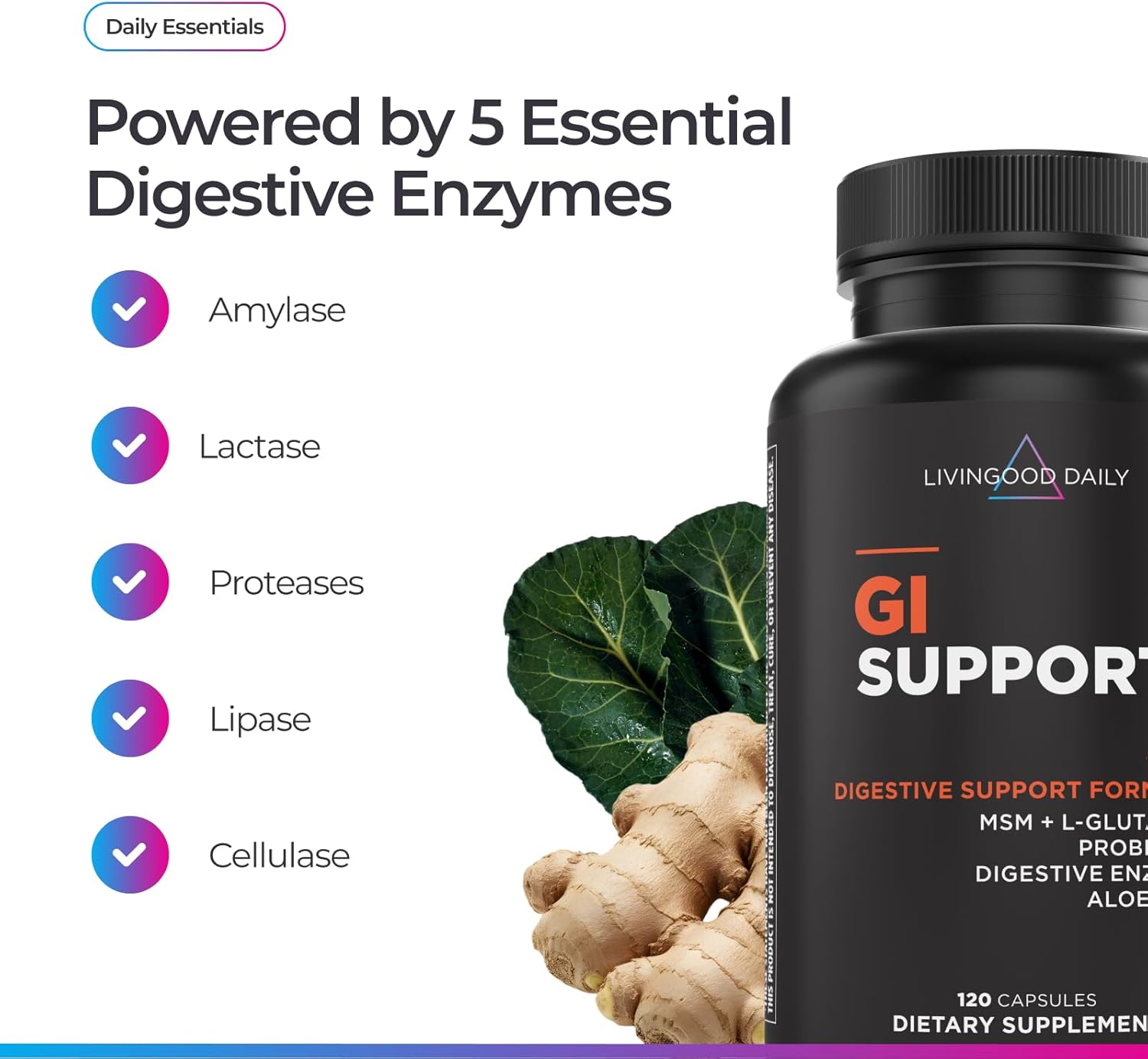 Livingood Daily Gut Cleanse Detox Supplement, 13-in-1 GI Support with L Glutamine, Aloe Vera, Digestive Enzymes, Probiotics & MSM, Vegetarian Capsules, Gluten Free, Non GMO, Allergen Free, 120 Count - Image 3