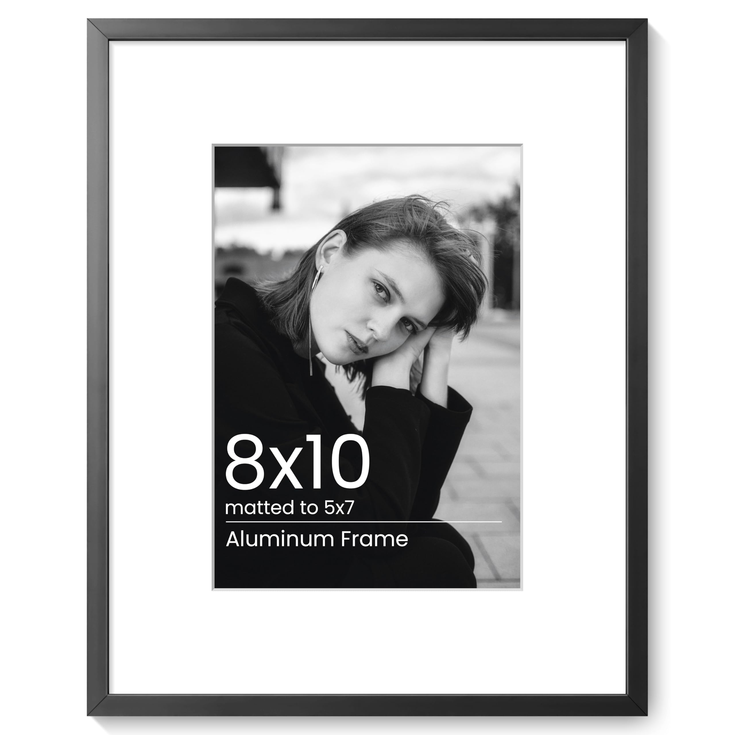 KovaScape 8x10 Aluminum Photo Frame - Modern Flat Metal Picture Frames with 5x7 Removable Mat and HD Glass - Versatile Wall & Tabletop Display for Gallery Art, Black