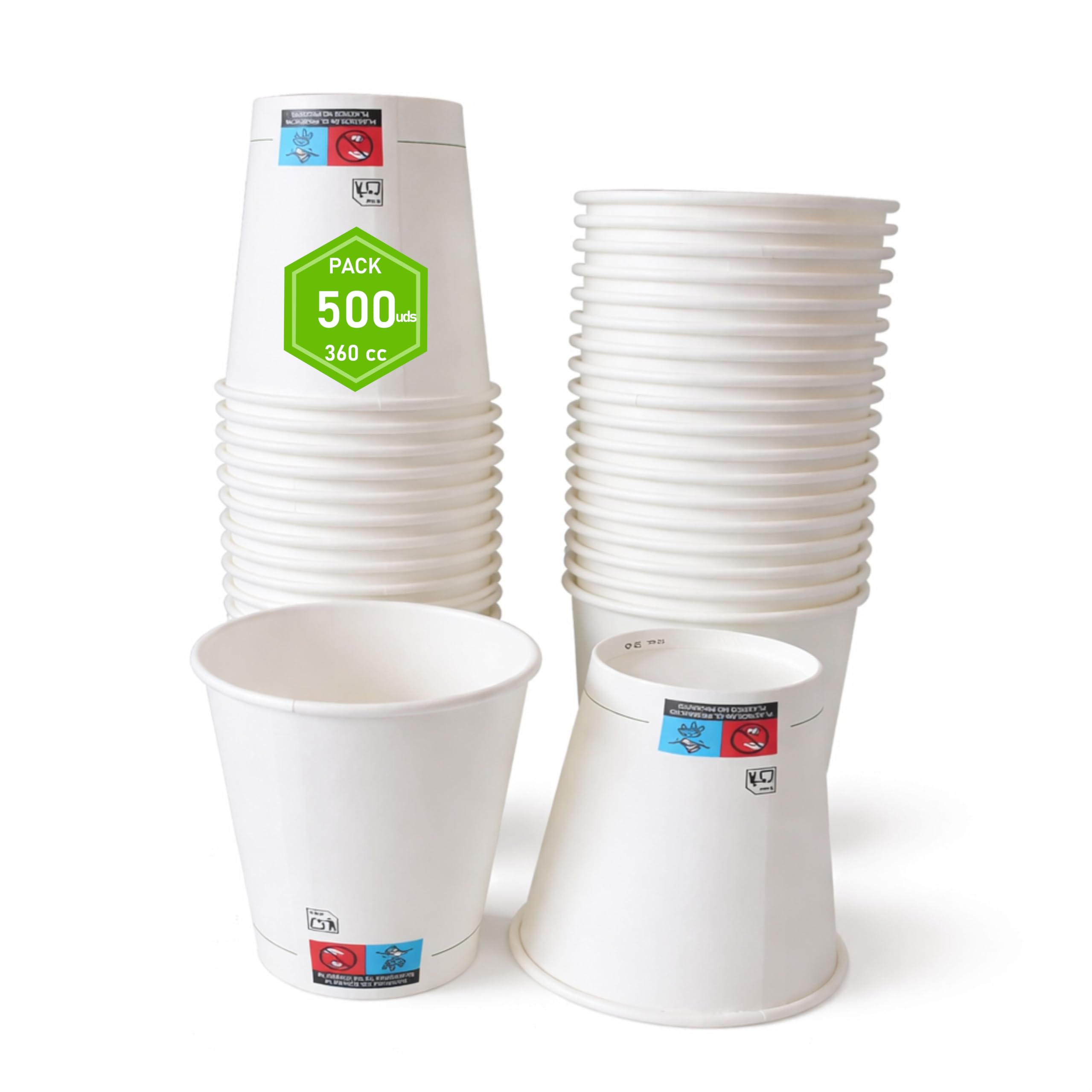 Vasos café desechables - Vasos de cartón reciclables para café caliente – Resistentes y aptos para bebidas calientes o frías (500, Blanco, 360 cc)