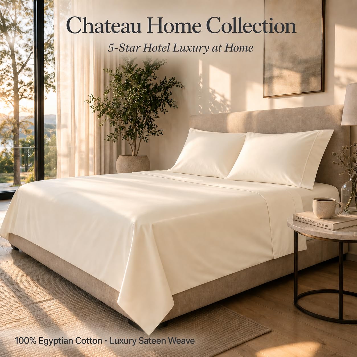 Chateau Home Collection - Parure de lit en Coton égyptien 800 Fils avec Poche Profonde en Satin, Coton, Ivoire, King