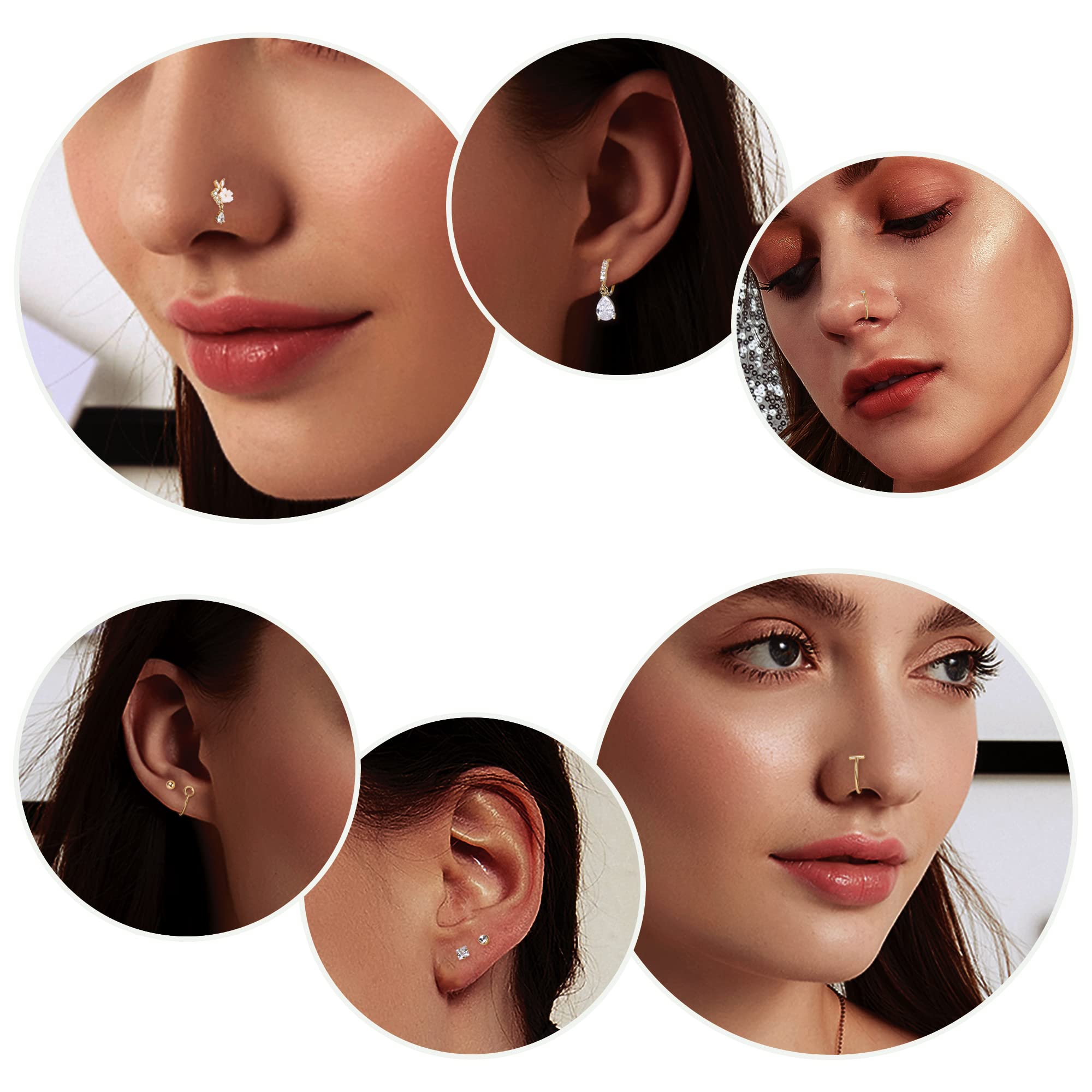 ZXLIHS 20 szt. 20G zwisają kolczyki w nosie dla kobiet-motyl, serce, księżyc, kwiat, krzyż CZ obręcze-kolczyk na chrząstkę Piercing biżuteria