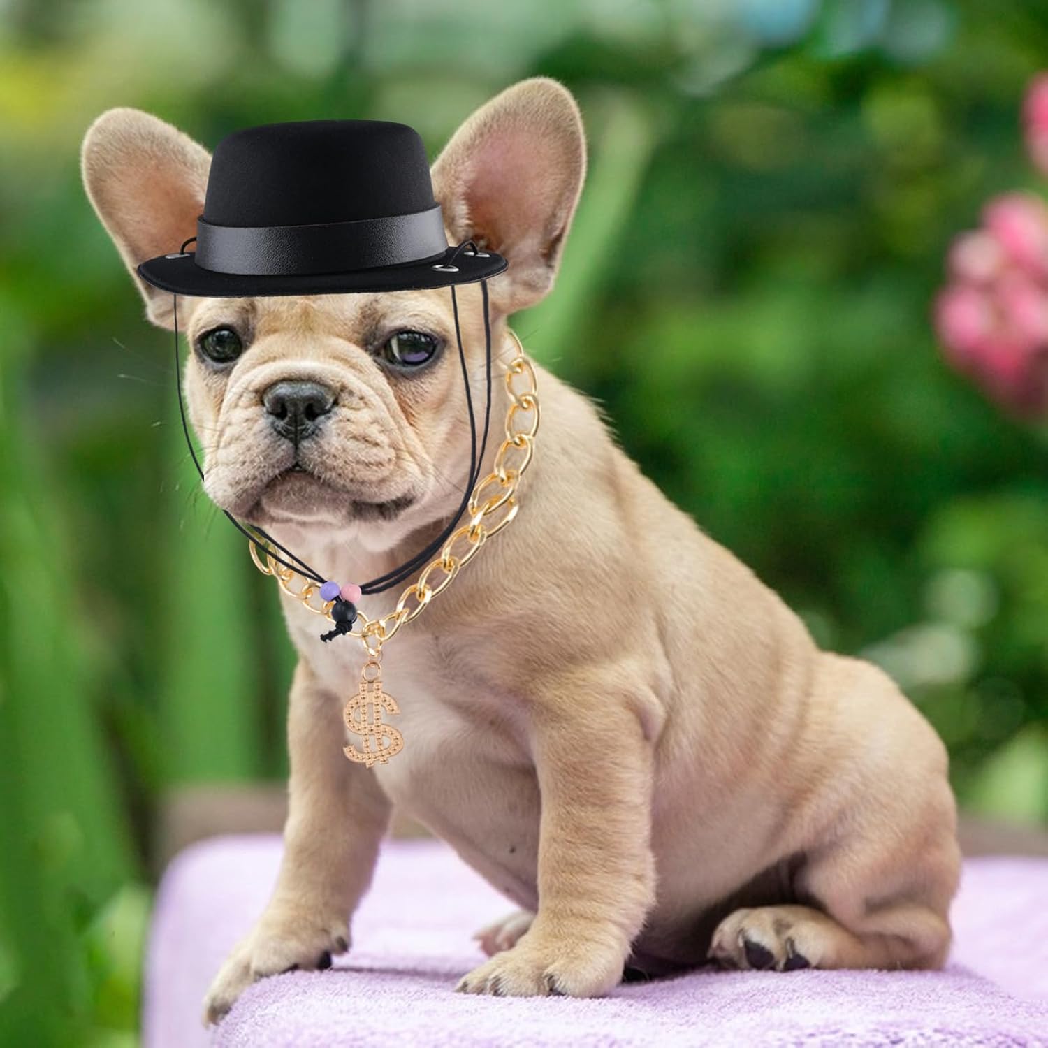 Pet Formal Hat with Chain, 2 PCS Pet Hat Formal Top Hat Costume Set Dog Top Hats and Pets Chain for Small Medium and Large Dogs, Black and Gold
