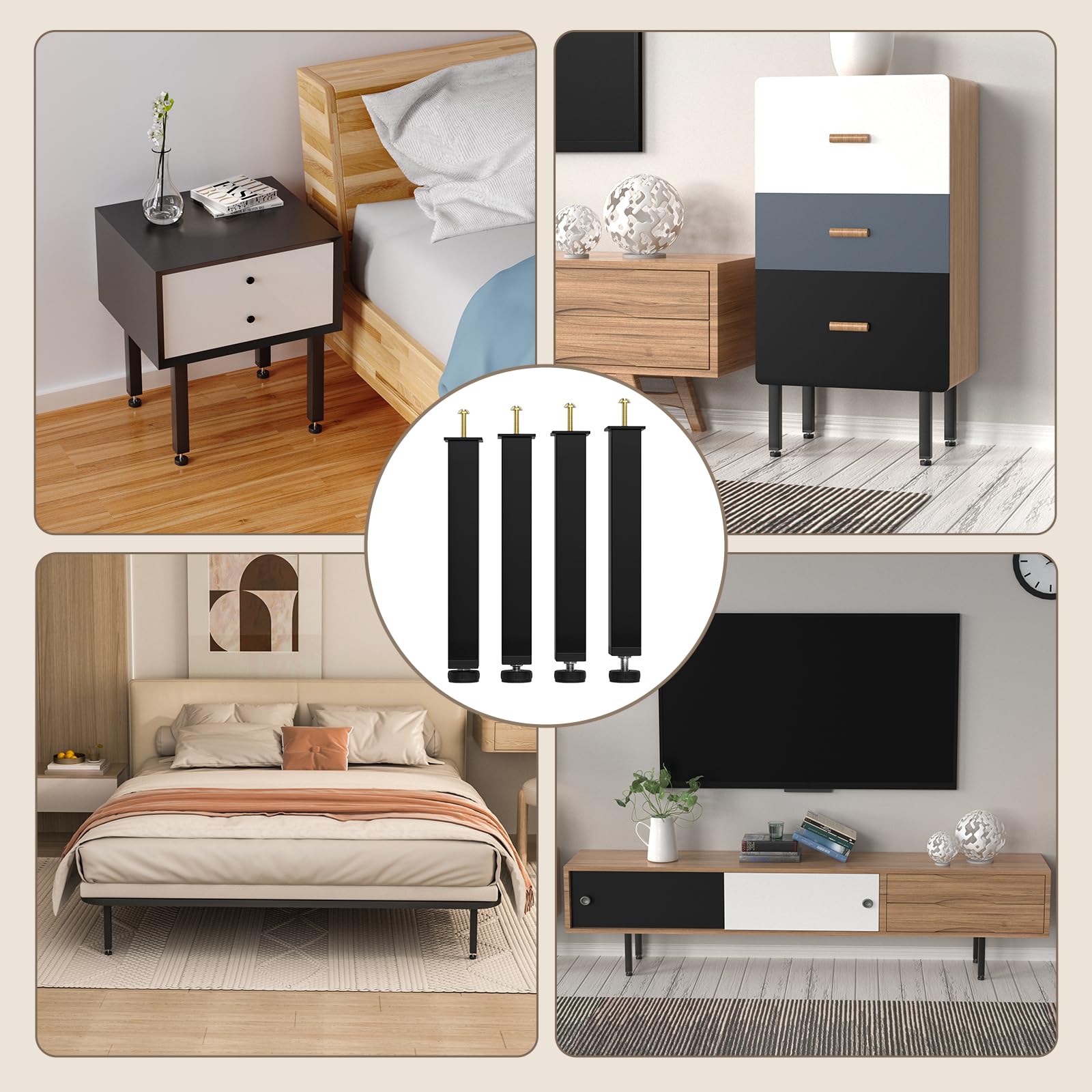 4 Pz Piedi Letto 30 cm da Avvitare, Gambe Regolabili in Metallo, Piedini per Doghe con 4 Cuscinetti Antiscivolo & Cacciavite (30-32cm)