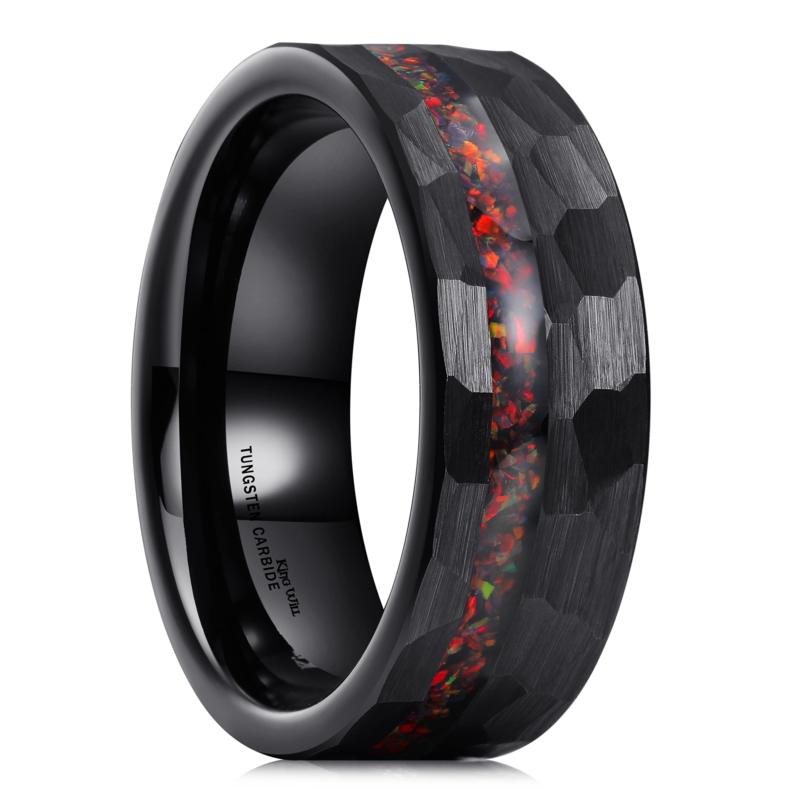 King Will 8mm Tungsten Carbide Opal Rings For Men Black Wedding Band Blue Opal Inlay Brushed Hammered Promise Rings Comfort Fit Size 7-14