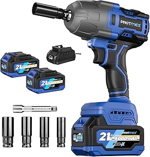 Protmex 900Ft-lbs (1200N.m) Impact Wrench, 1/2" Cordless Impact Gun, 21V High Torque Brushless Impact Driver, 2x4.0Ah Batteries Electric Impact Motor Variable Speeds for Car/Pickup Truck/Mower, Blue