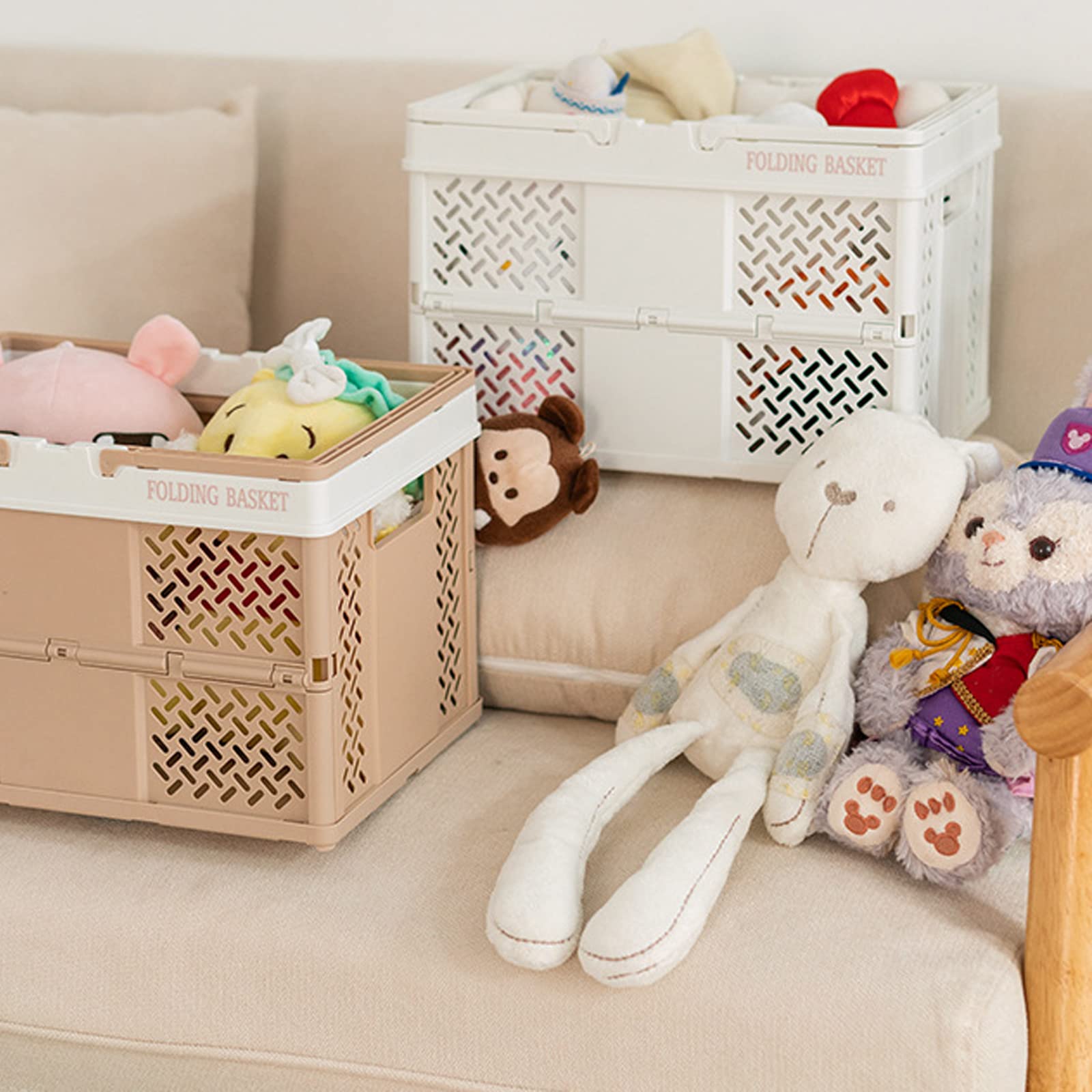 Spesh 2 cassette pieghevoli per bambini, 31 x 22 cm, mini cestini per la spesa pieghevoli con manici, piccole casse in plastica per picnic, shopping, campeggio (beige + rosa chiaro)