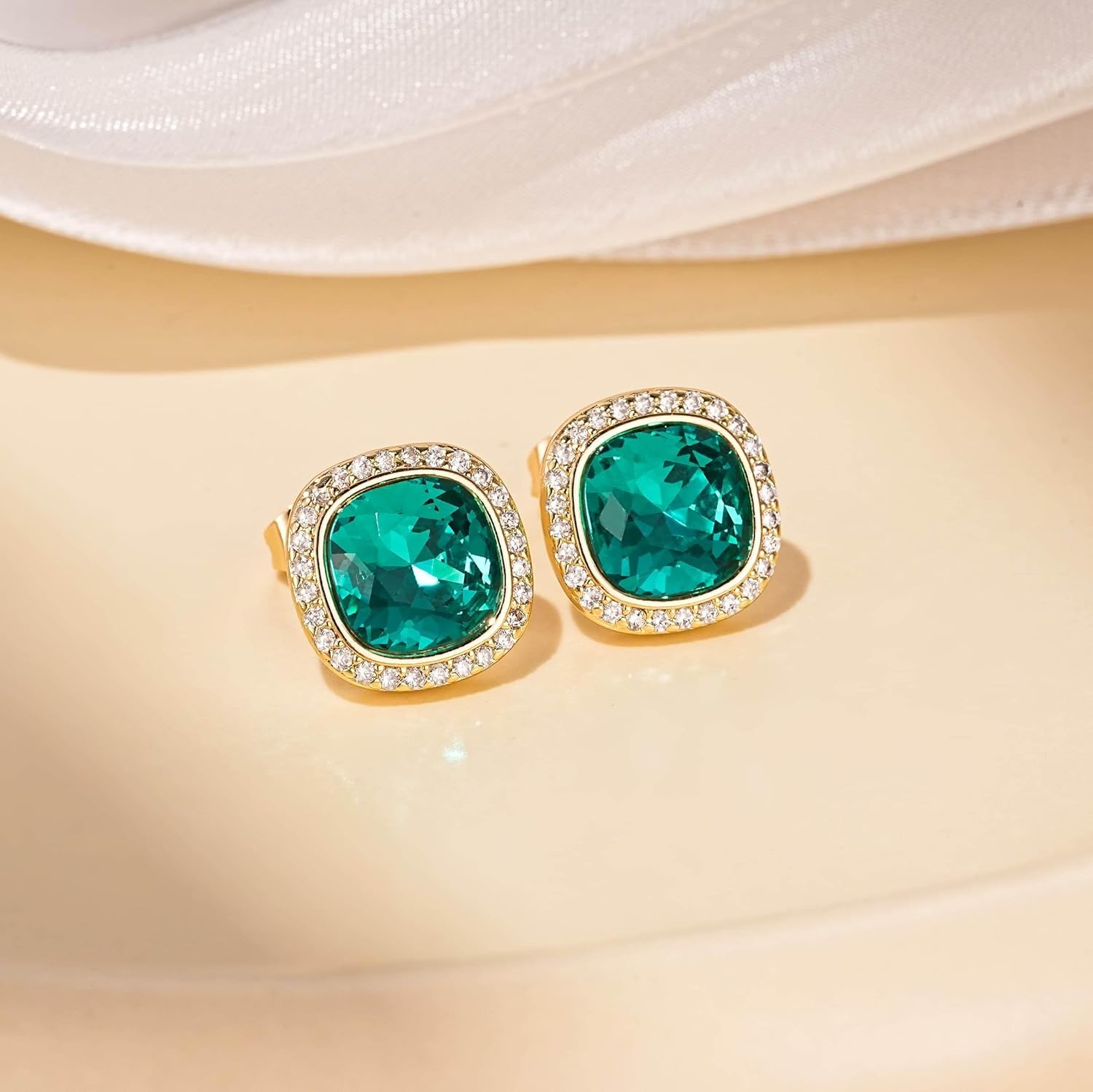 EVEVIC Austrian Crystal Halo Square Stud Earrings for Women 14K Gold Plated Birthstone Earring Hypoallergenic Jewelry Gifts - Image 3