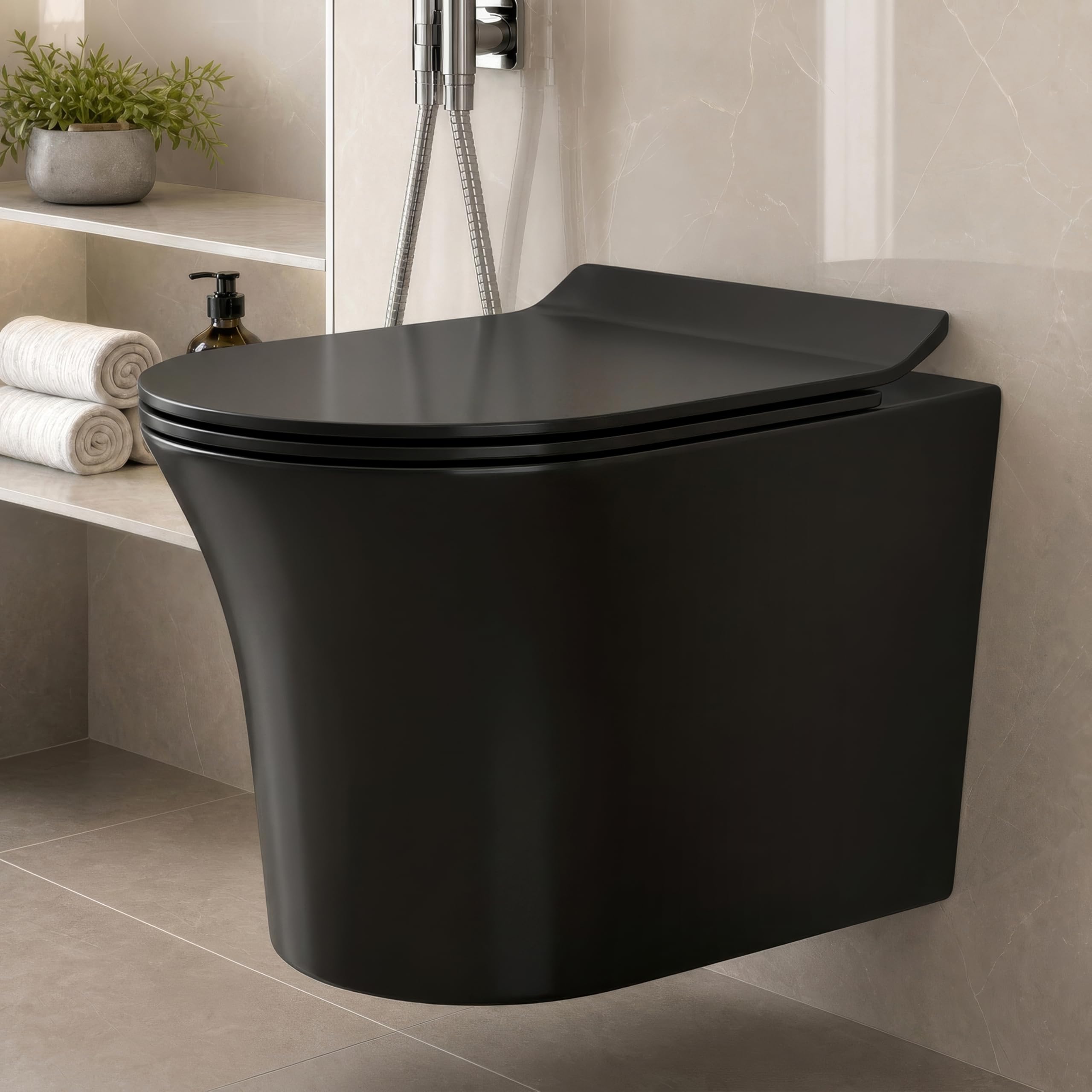 Plantex Platinum Ceramic P Trap Wall Hung Western Commode/Rimless Washdown Flush for Western Toilet/Commode with Soft Close Toilet Seat Cover - (Black)-image-28