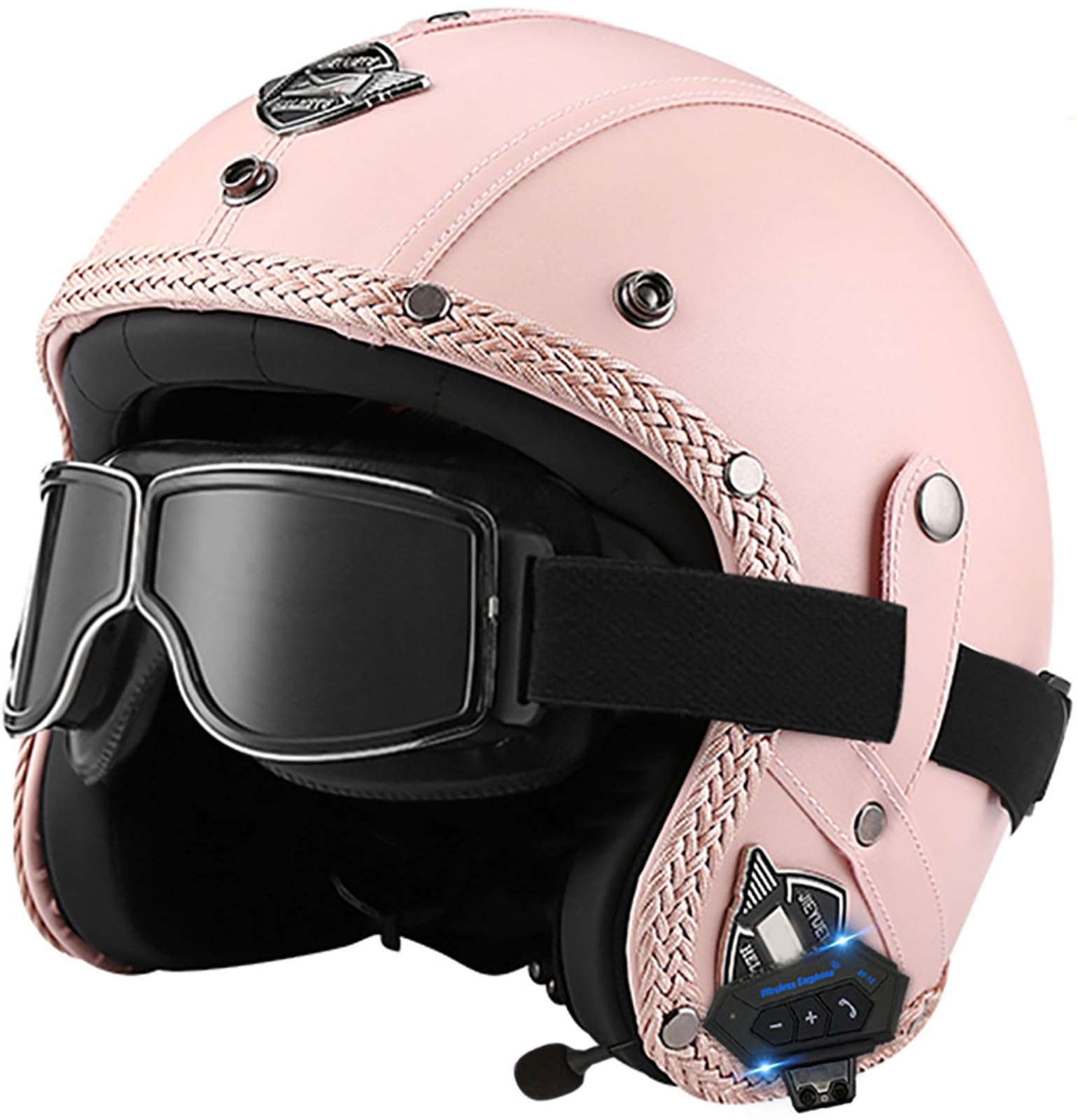 Retro Open Face Motorbike Helmet with Bluetooth, Leather Jet Helmet with Personalized Goggles, DOT Approved 3/4 Motorcycle Half Helmet, Crash Helmet for Adult Men and Women