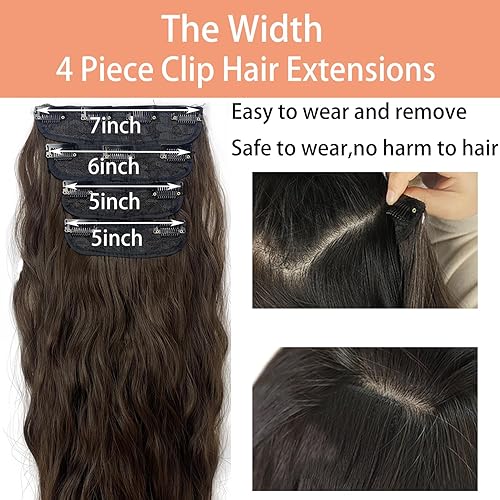 Miniatura 3 de MIMISERVICE Extensiones de cabello con pinzas, extensiones de cabello largo ondulado castaño castaño castaño 4 piezas gruesas, fibra de doble trama
