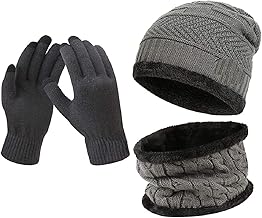 Winter Thick Fleece Lined Beanie woolen Cap Hat, Neck Scarf and Touchscreen Gloves Set cap for Men Women(3 set)