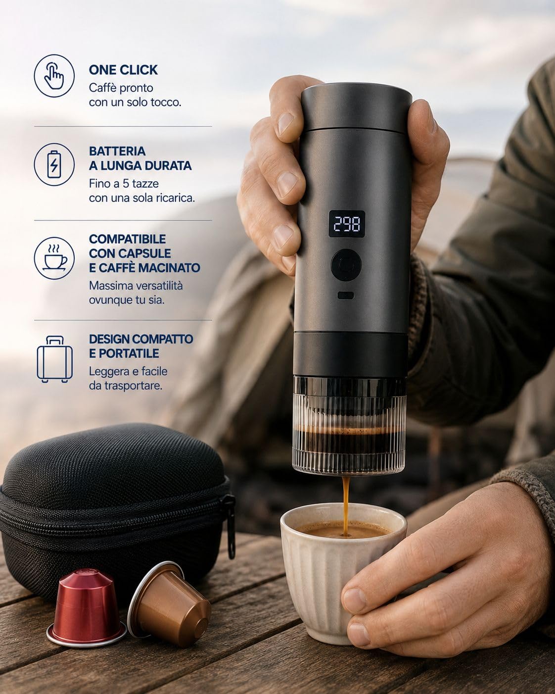 Caffettiera Elettrica Portatile Ricaricabile USB-C 2 in 1 – Compatibile con Capsule e Caffè Macinato, Display Digitale, Wireless, Macchina da Caffè da Viaggio per Auto, Campeggio, Ufficio e Outdoor